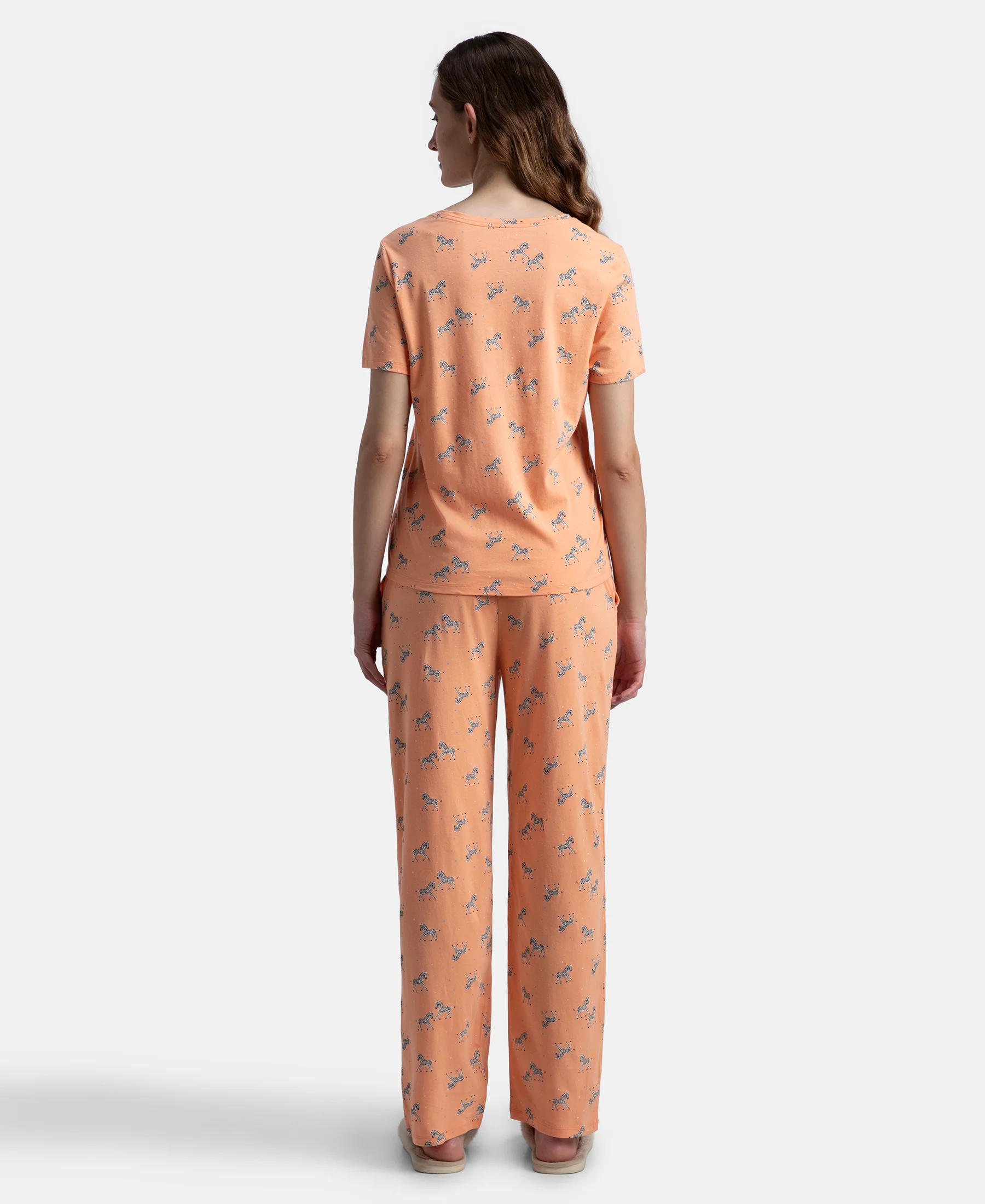 Cotton Short Sleeve Printed T-Shirt & Pyjama Sleep Set - Coral - Image 3