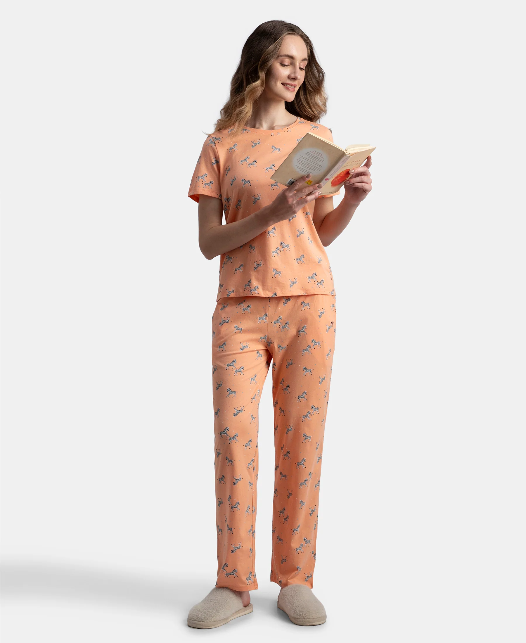Cotton Short Sleeve Printed T-Shirt & Pyjama Sleep Set - Coral - Image 5