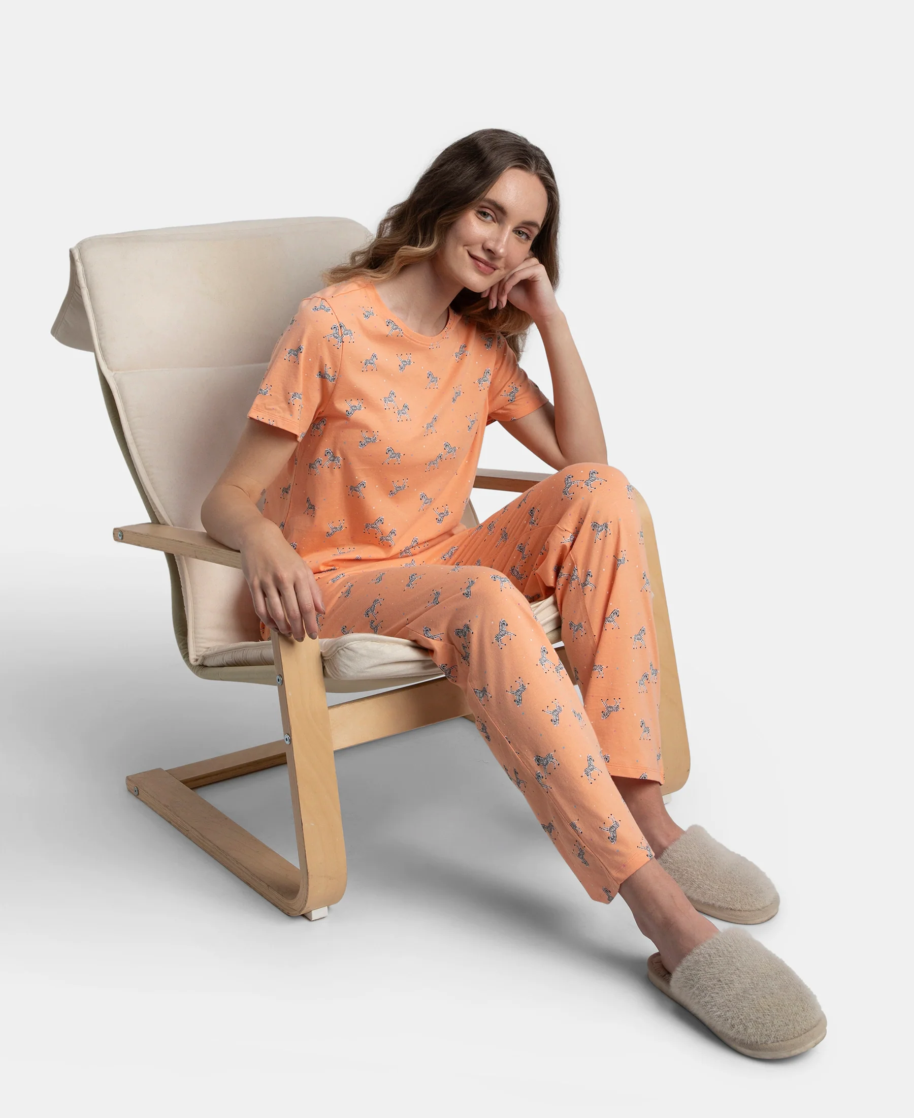 Cotton Short Sleeve Printed T-Shirt & Pyjama Sleep Set - Coral - Image 6