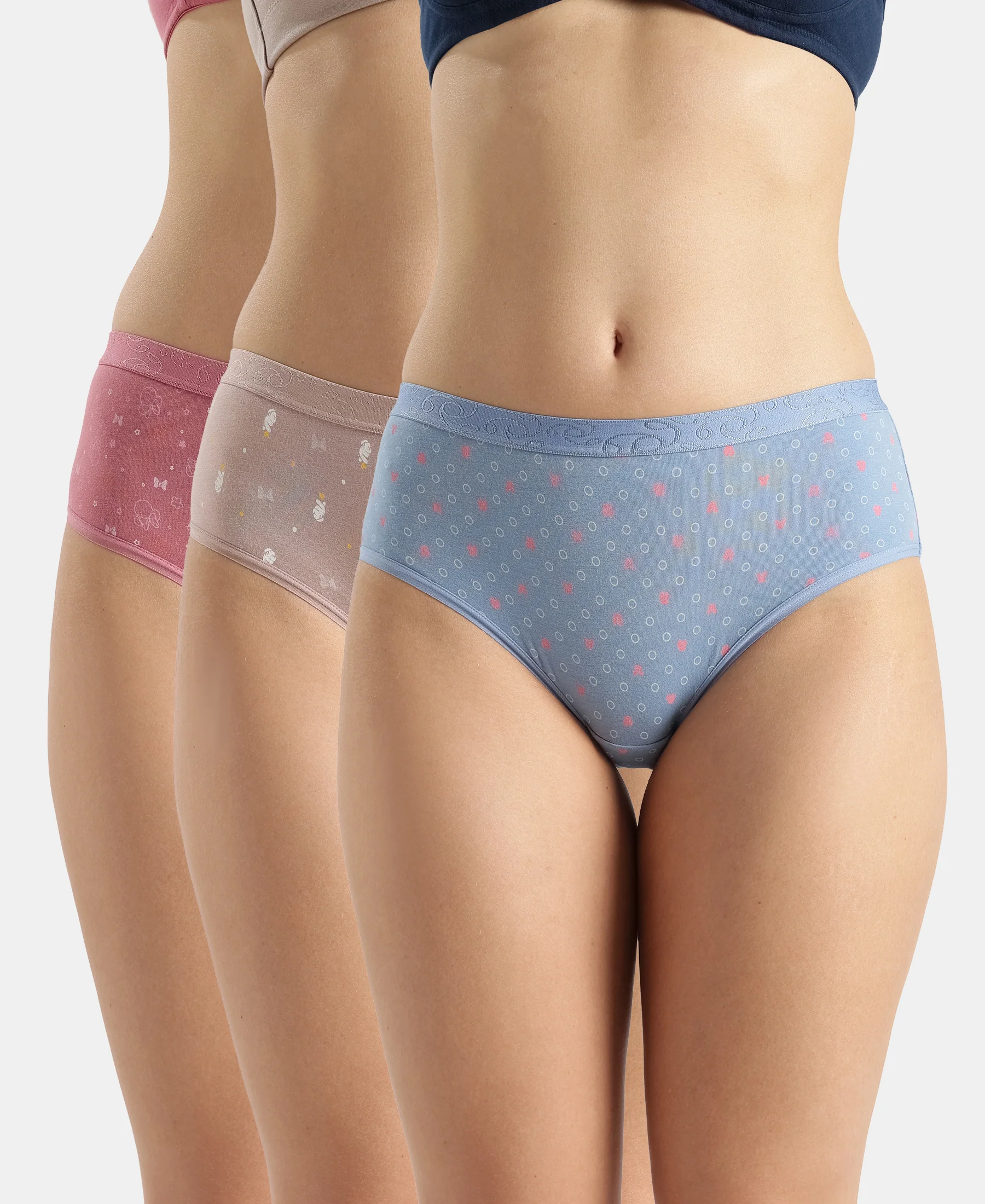 Disney Mickey & Friends High Coverage Super Combed Cotton Elastane Stretch Mid Waist Hipster - Mocha, High Rose & Ashleigh Blue (Pack of 3) - Image 5