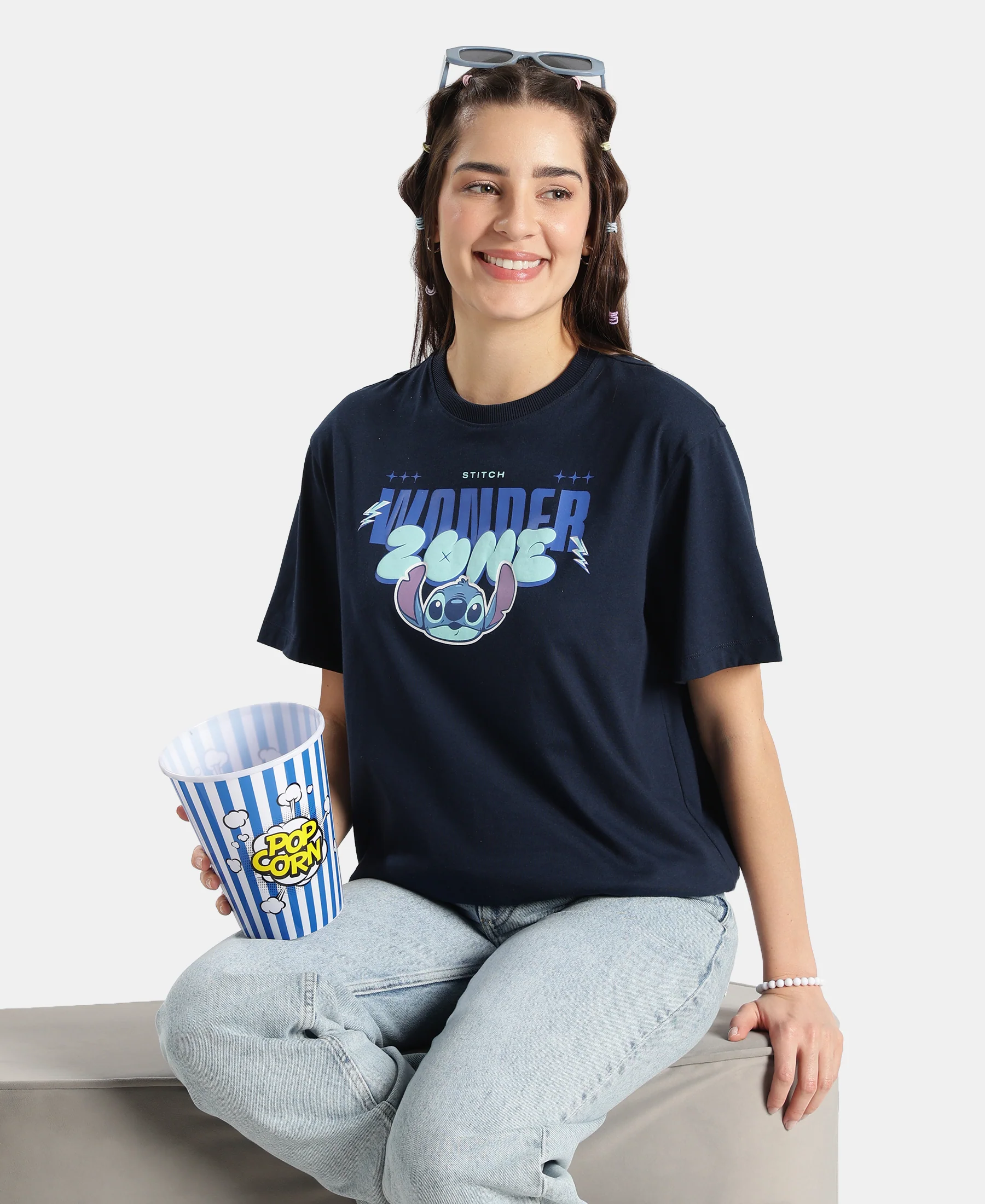 Disney Stitch Super Combed Cotton Rich Oversized Fit Printed T-Shirt - Navy - Image 5