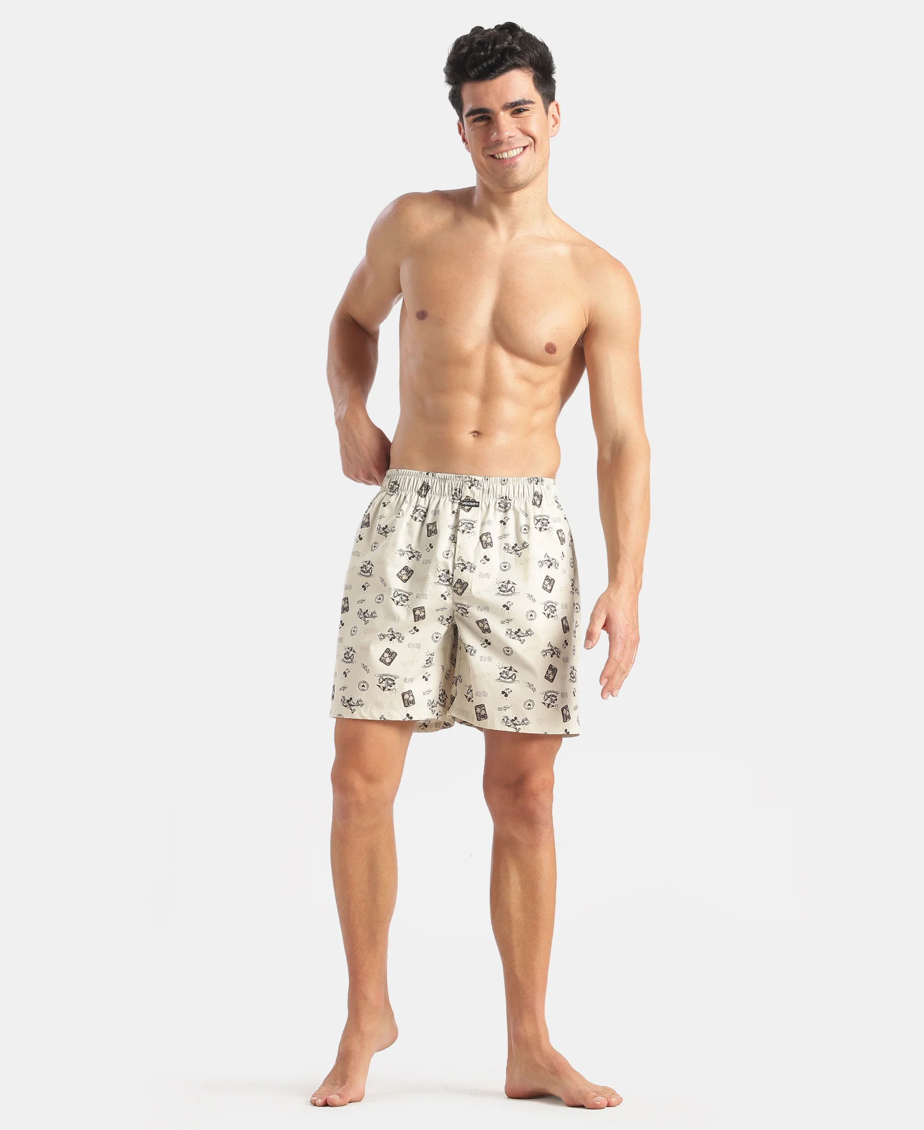 Disney Mickey Mouse Super Combed Mercerized Cotton Woven Printed Boxer Shorts with Side Pockets - Almond Milk & Navy (Pack of 2) - Image 10