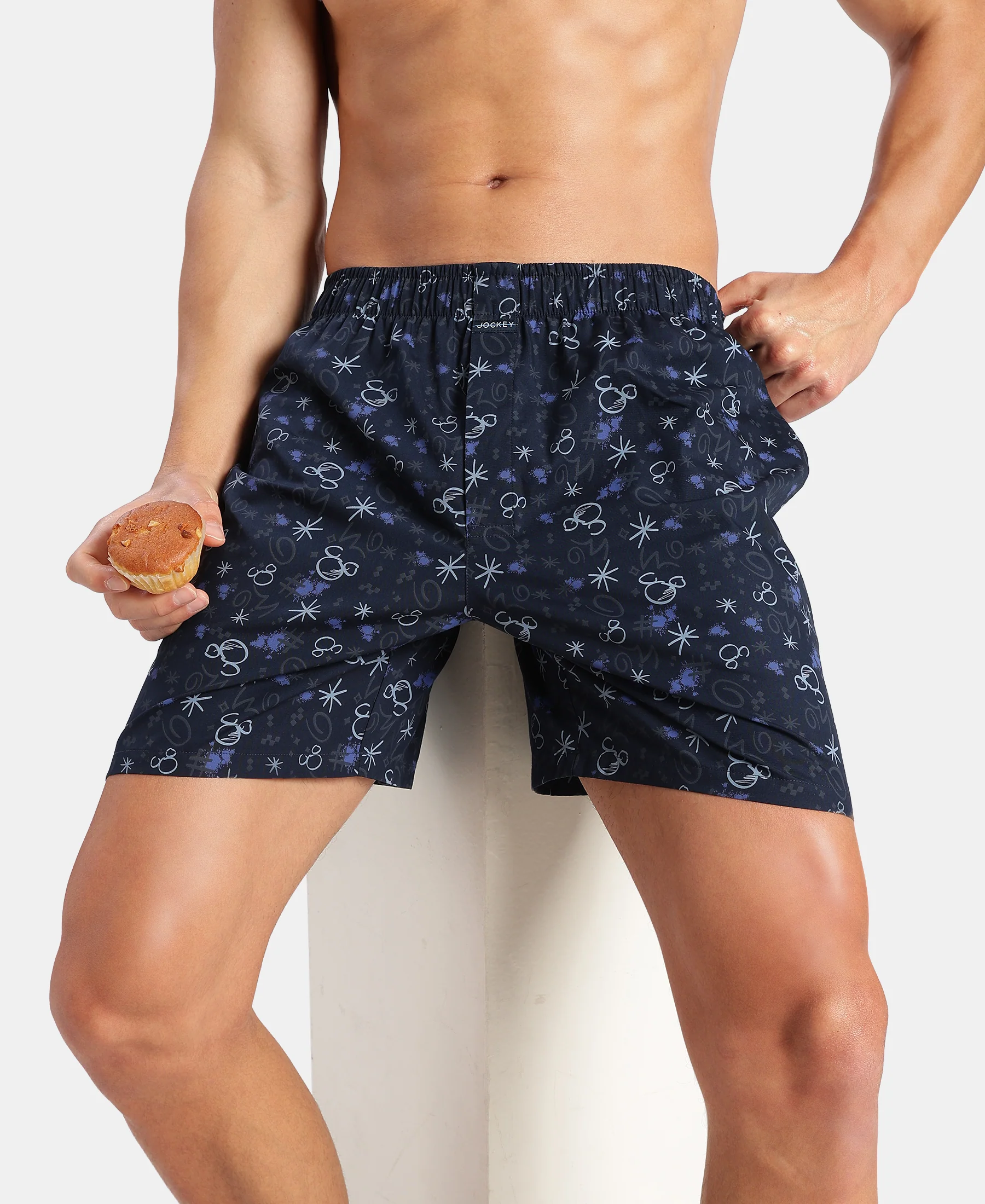 Disney Mickey Mouse Super Combed Mercerized Cotton Woven Printed Boxer Shorts with Side Pockets - Almond Milk & Navy (Pack of 2) - Image 11
