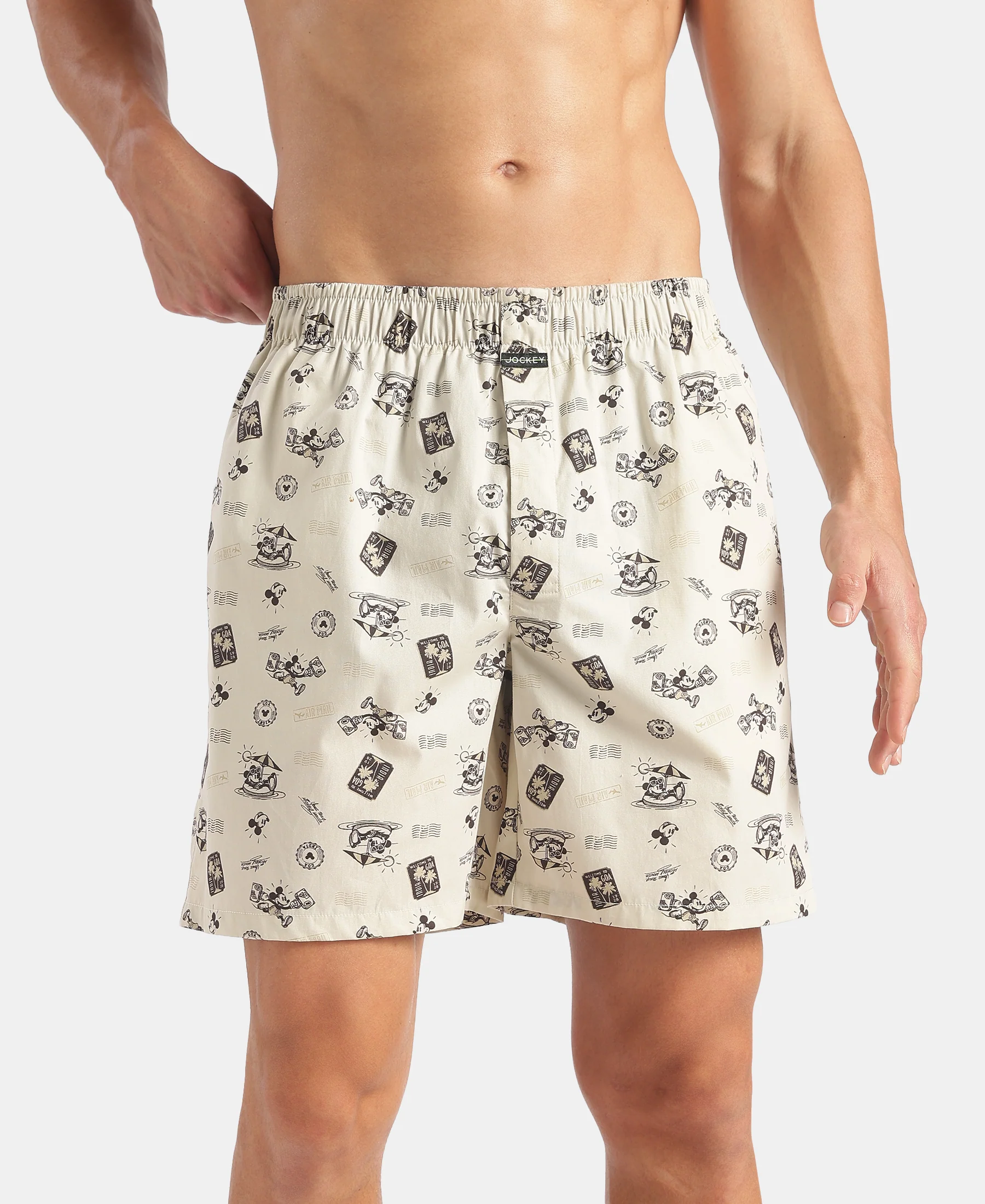 Disney Mickey Mouse Super Combed Mercerized Cotton Woven Printed Boxer Shorts with Side Pockets - Almond Milk & Navy (Pack of 2) - Image 3