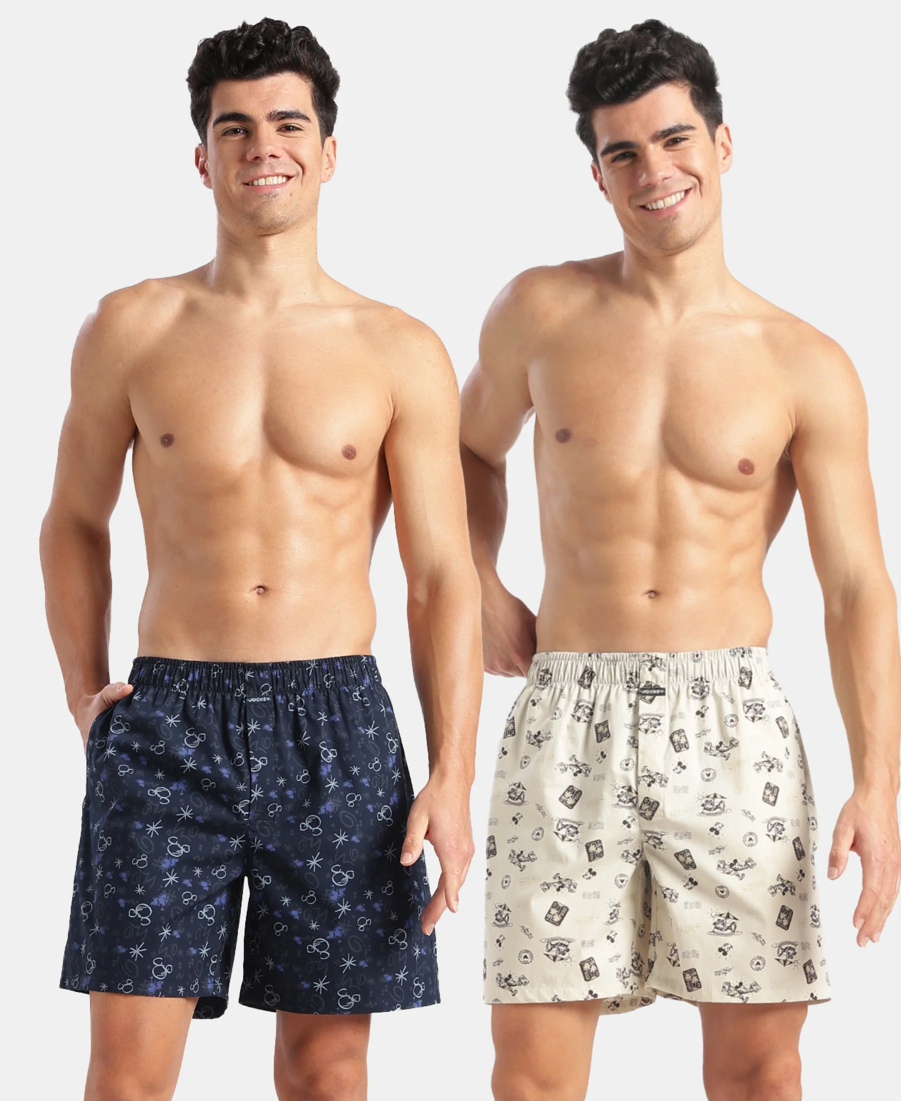 Disney Mickey Mouse Super Combed Mercerized Cotton Woven Printed Boxer Shorts with Side Pockets - Almond Milk & Navy (Pack of 2) - Image 6