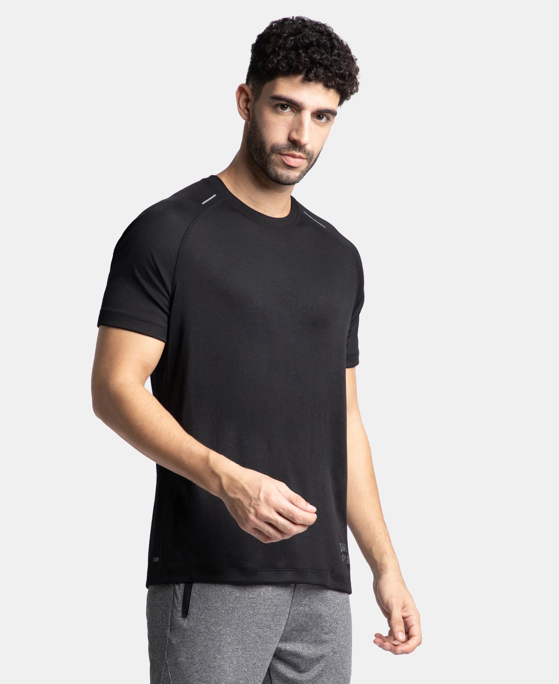 Lightweight Microfiber Solid Round Neck Half Sleeve T-Shirt with Breathable Mesh - Black - Image 2