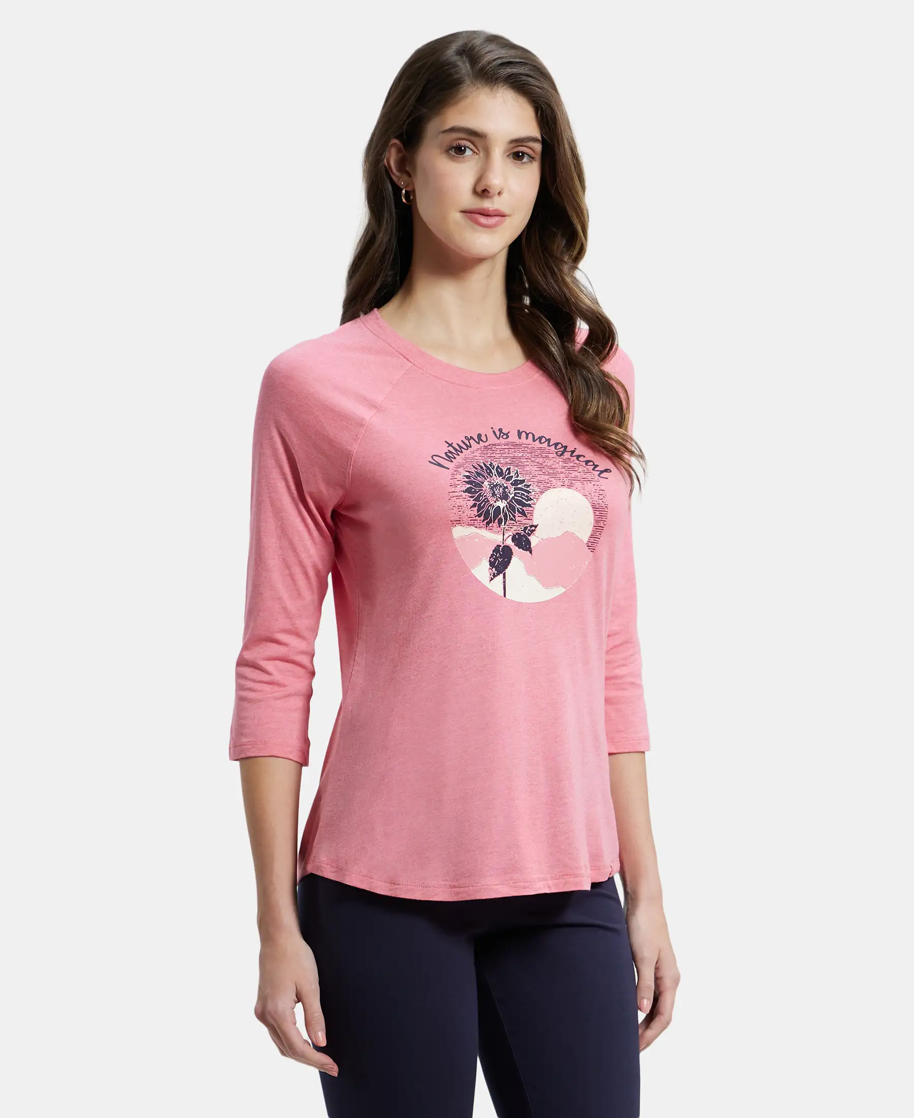 Micro Modal Cotton Relaxed Fit Graphic Printed Round Neck Three Quarter Sleeve T-Shirt - CamRose Melange - Image 2