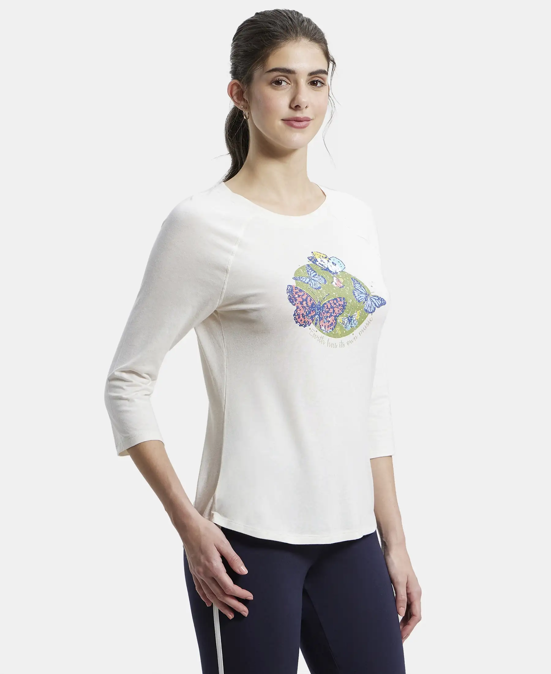 Micro Modal Cotton Relaxed Fit Graphic Printed Round Neck Three Quarter Sleeve T-Shirt - Ecru Melange - Image 2