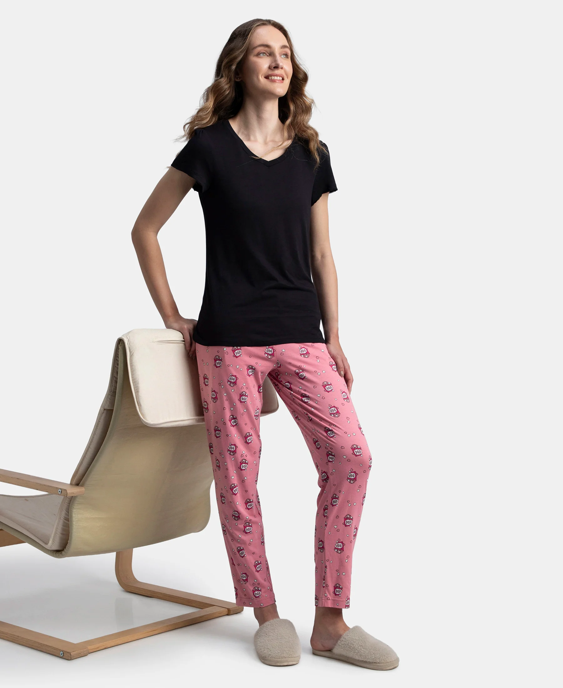 Micro Modal Cotton Relaxed Fit Printed Pyjama with Side Pockets - Cashmere Rose - Image 6