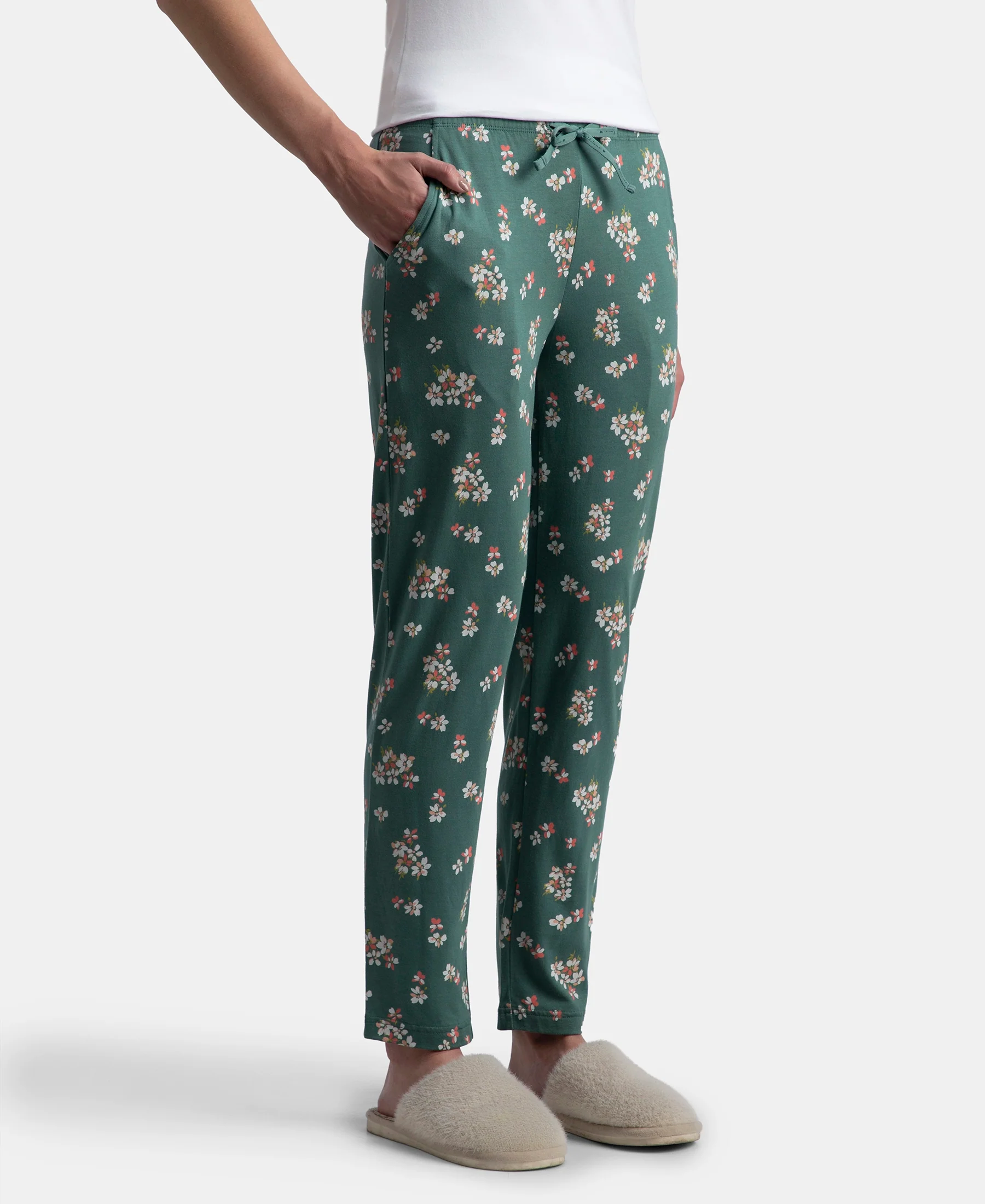 Micro Modal Cotton Relaxed Fit Printed Pyjama with Side Pockets - Sage Brush Green - Image 2