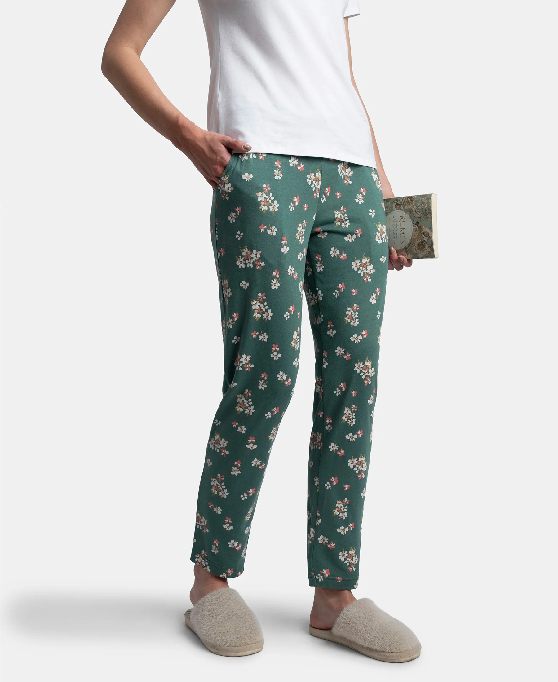 Micro Modal Cotton Relaxed Fit Printed Pyjama with Side Pockets - Sage Brush Green - Image 5