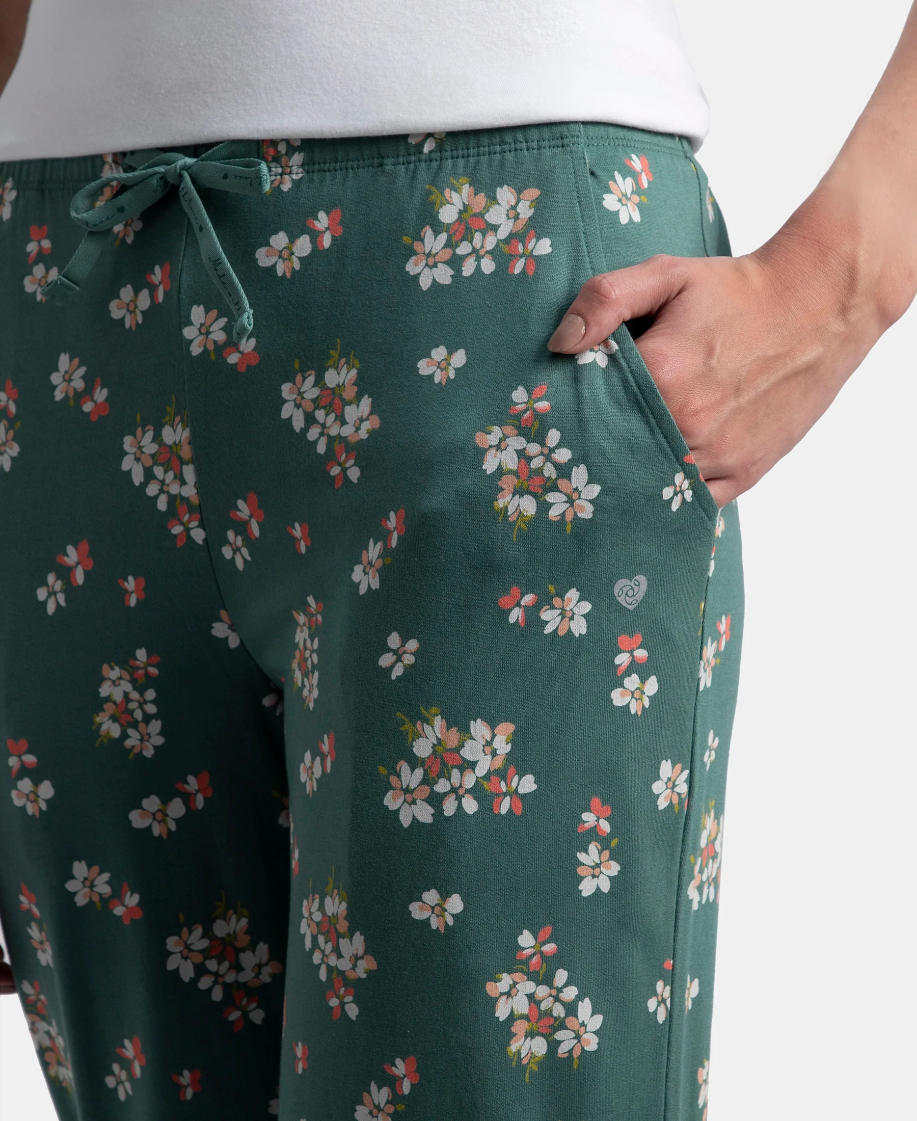 Micro Modal Cotton Relaxed Fit Printed Pyjama with Side Pockets - Sage Brush Green - Image 7