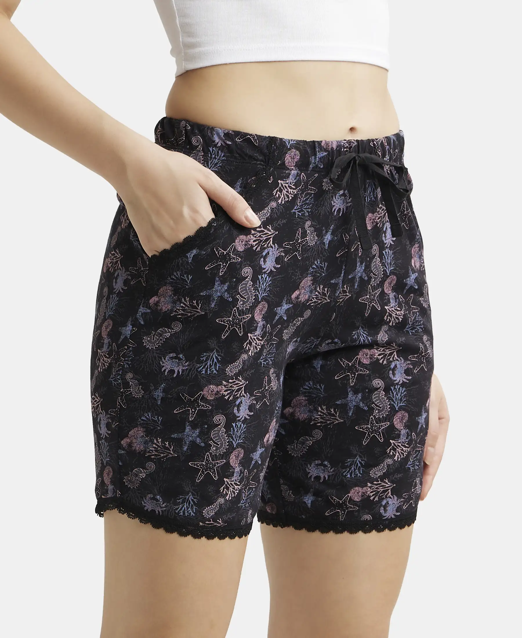 Micro Modal Cotton Relaxed Fit Printed Shorts with Side Pockets - Black - Image 2