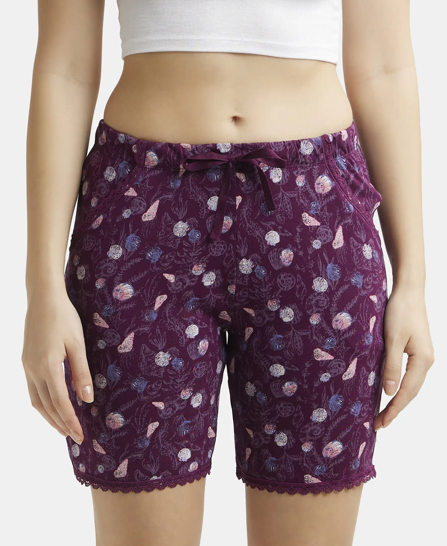 Micro Modal Cotton Relaxed Fit Printed Shorts with Side Pockets - Purple Wine Assorted Prints