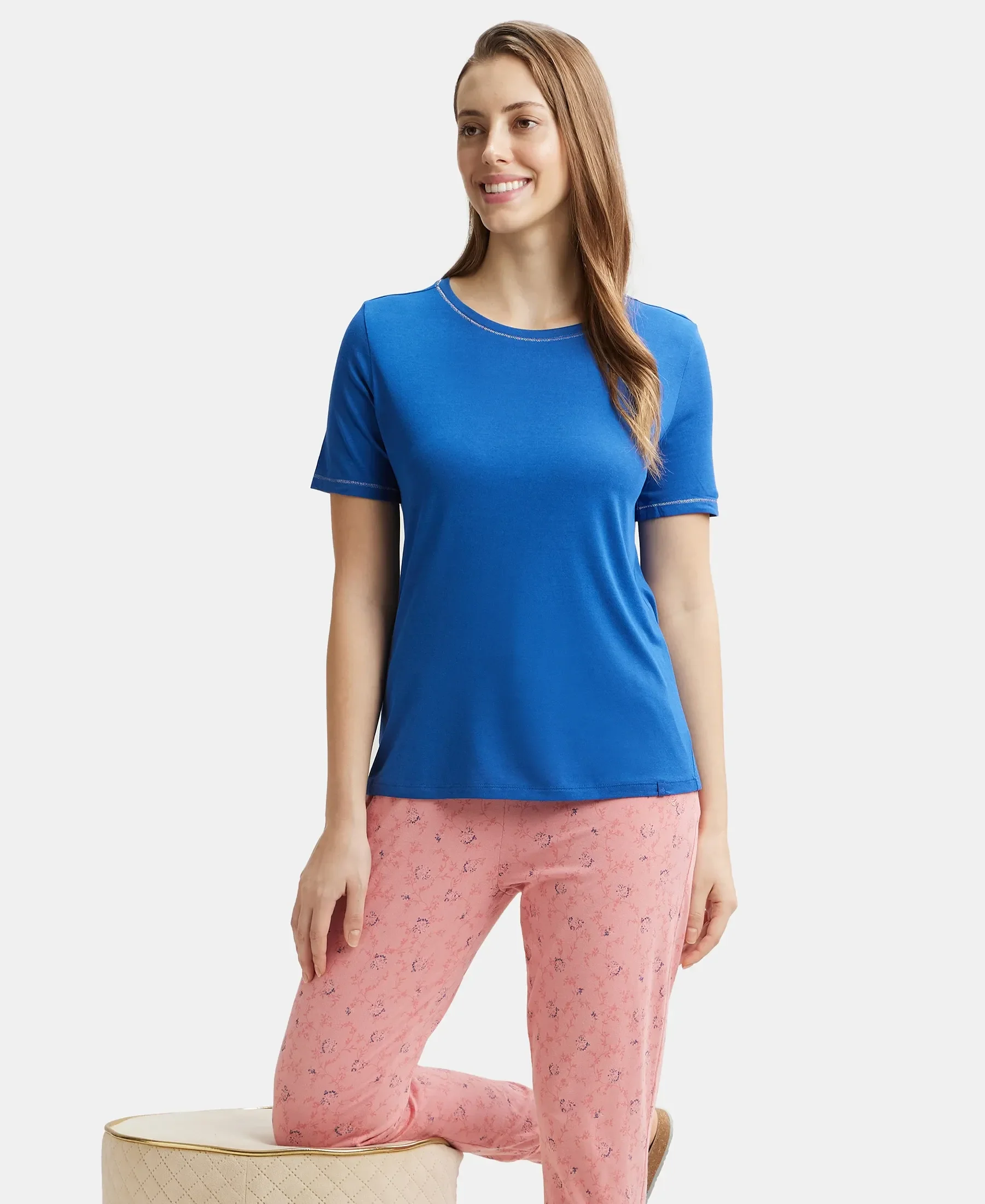Micro Modal Cotton Relaxed Fit Round neck Half Sleeve T-Shirt - Blue Quartz - Image 6
