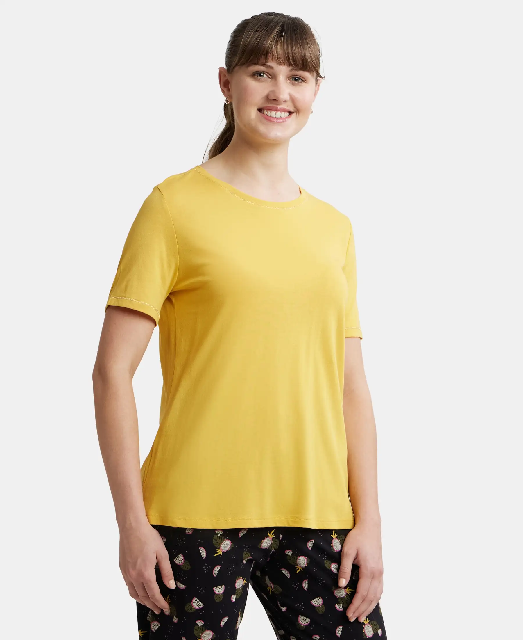 Micro Modal Cotton Relaxed Fit Round neck Half Sleeve T-Shirt - Yolk Yellow - Image 2