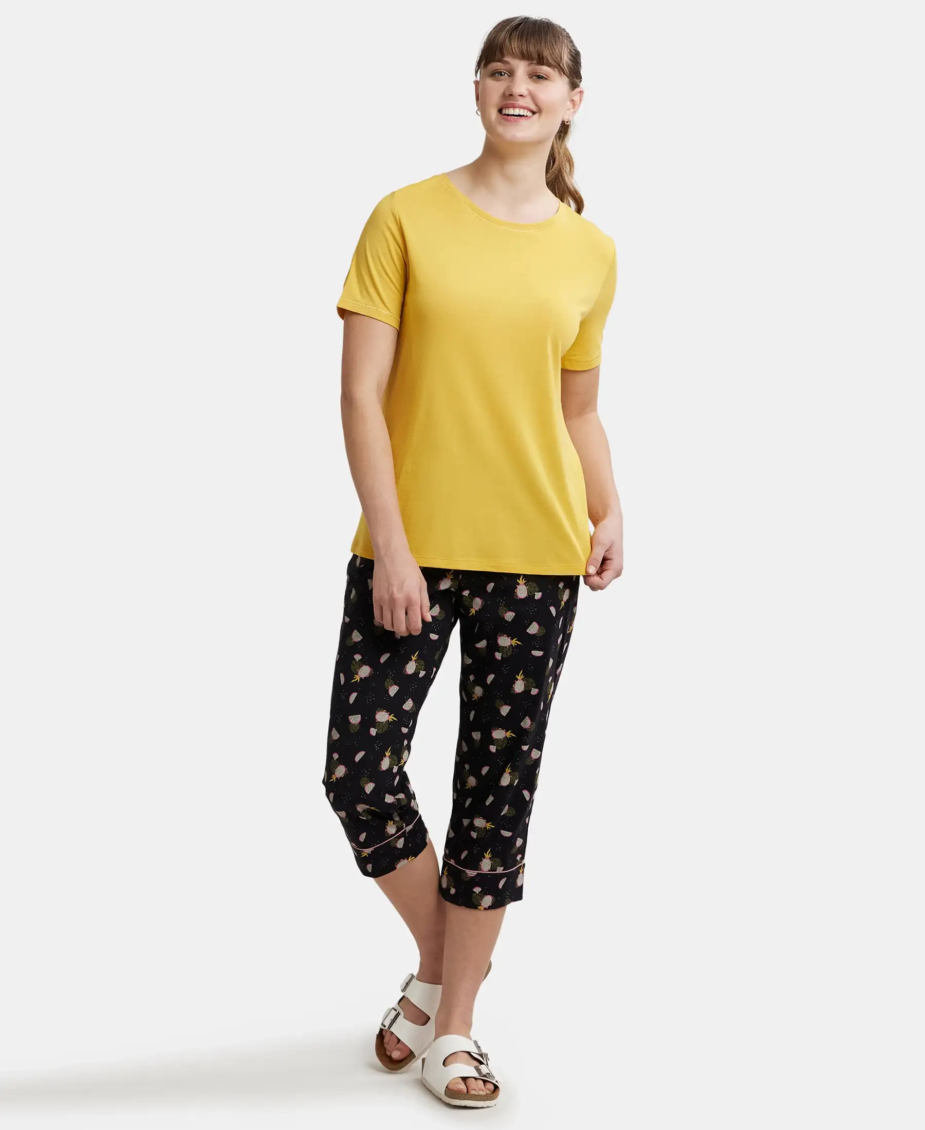 Micro Modal Cotton Relaxed Fit Round neck Half Sleeve T-Shirt - Yolk Yellow - Image 4