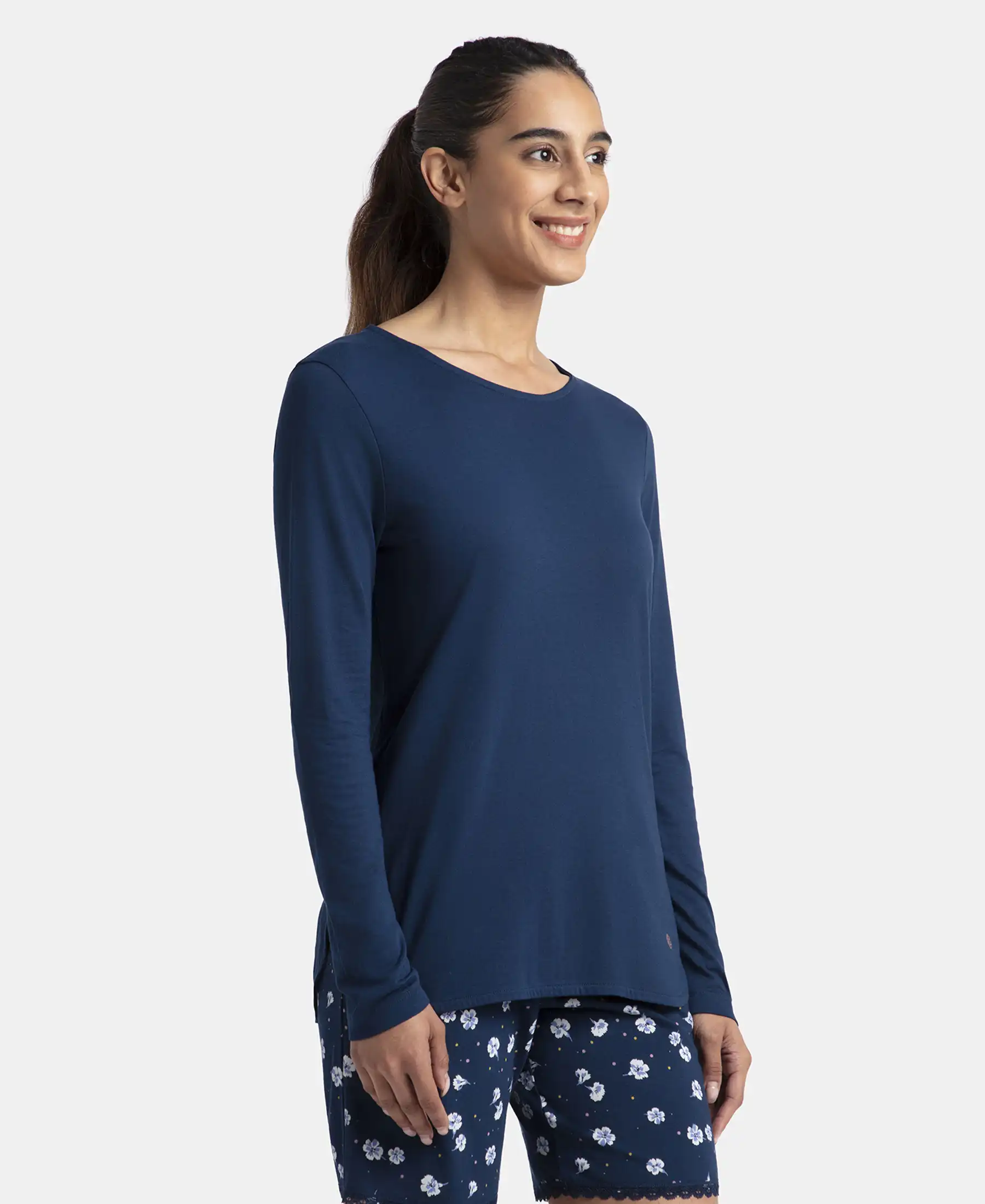 Micro Modal Cotton Relaxed Fit Solid Round Neck Full Sleeve T-Shirt with Curved Hem Styling - Pageant Blue - Image 2