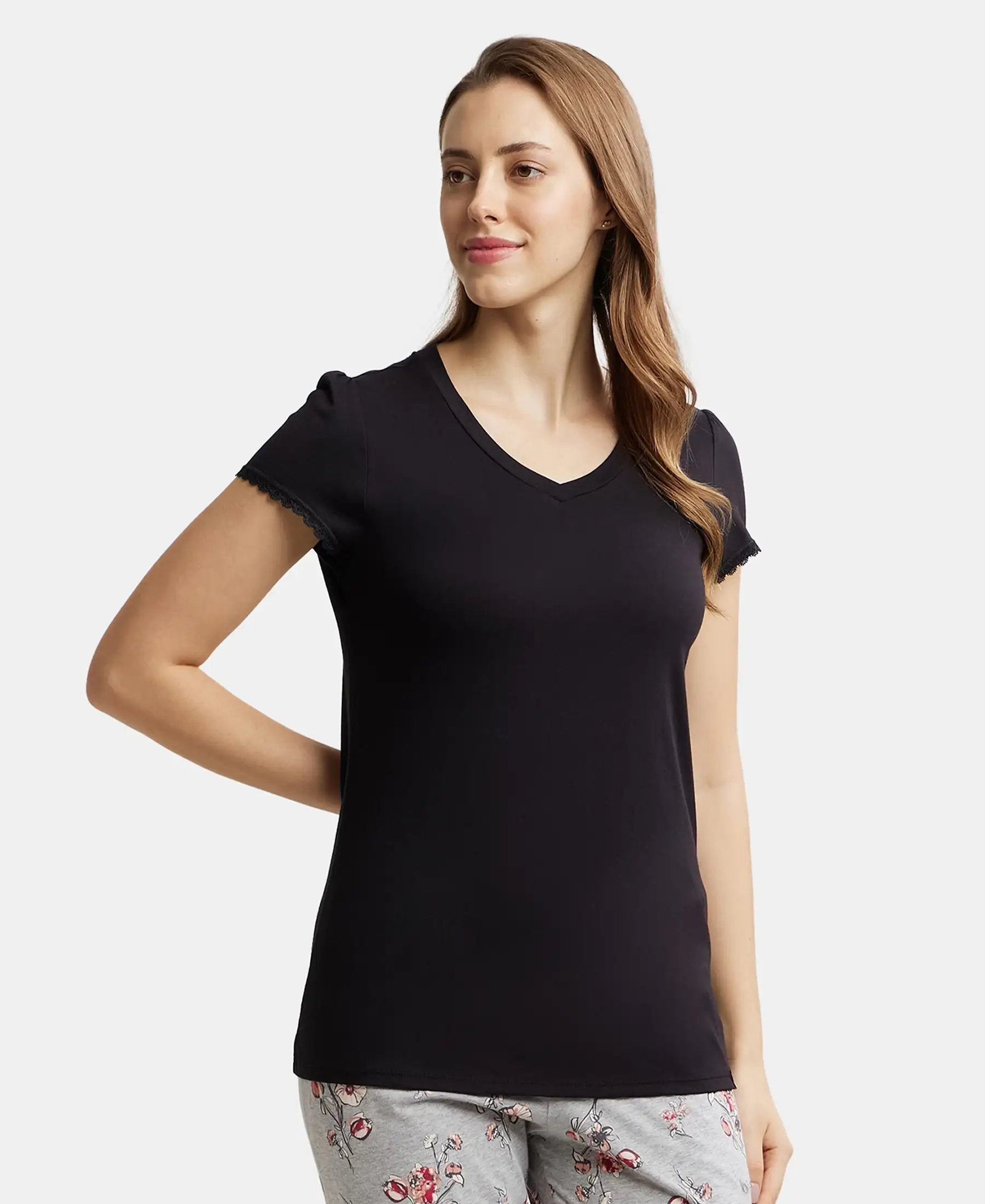 Micro Modal Cotton Relaxed Fit Solid V Neck Half Sleeve T-Shirt - Black - Image 5