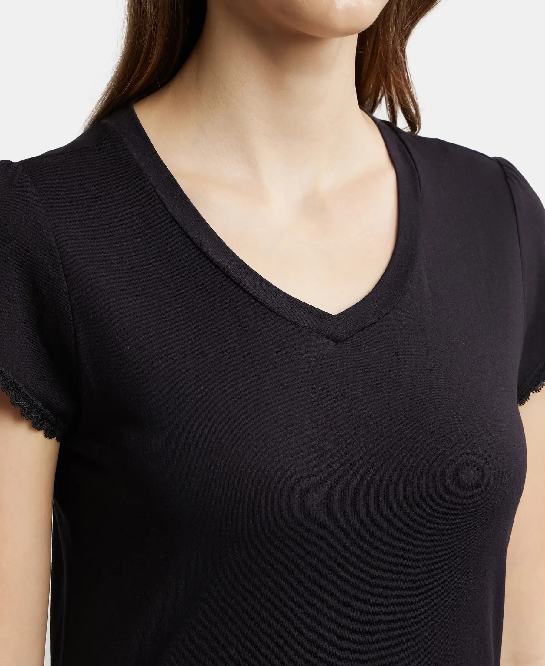 Micro Modal Cotton Relaxed Fit Solid V Neck Half Sleeve T-Shirt - Black - Image 6