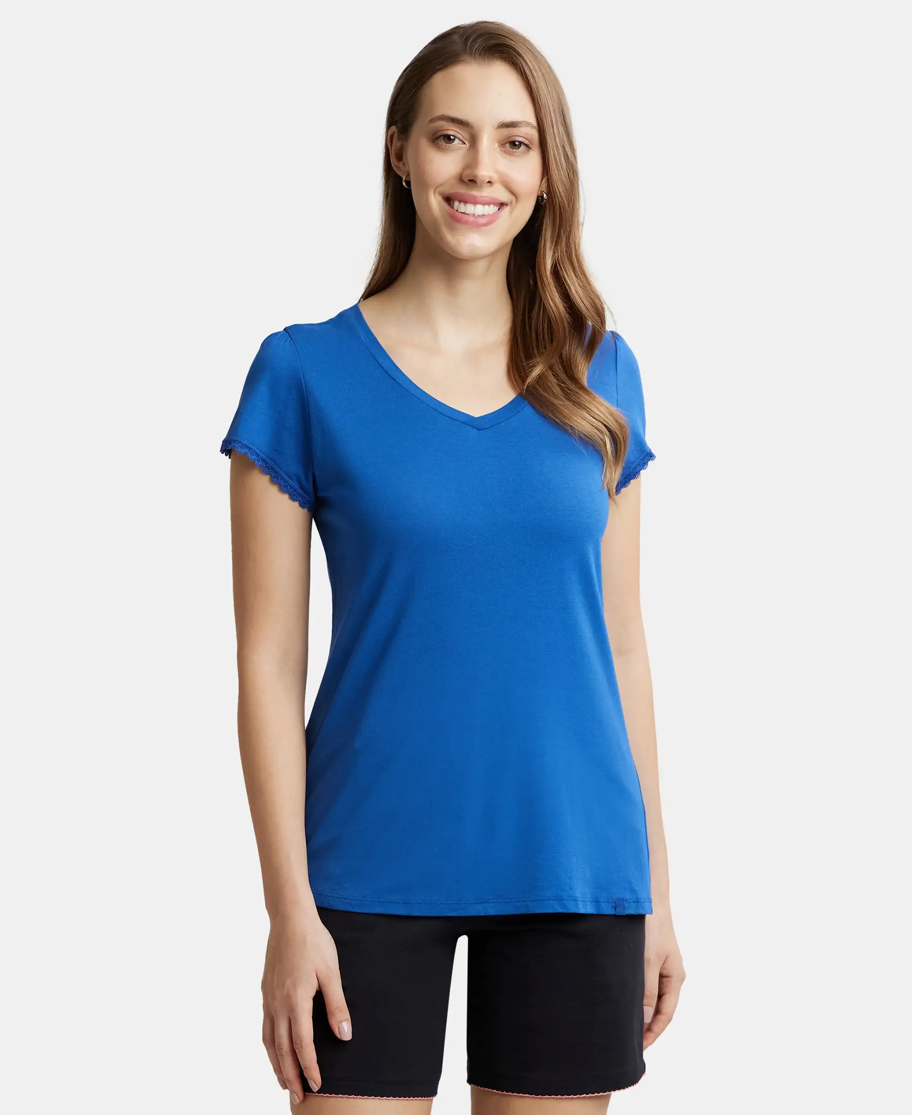 Micro Modal Cotton Relaxed Fit Solid V Neck Half Sleeve T-Shirt - Blue Quartz