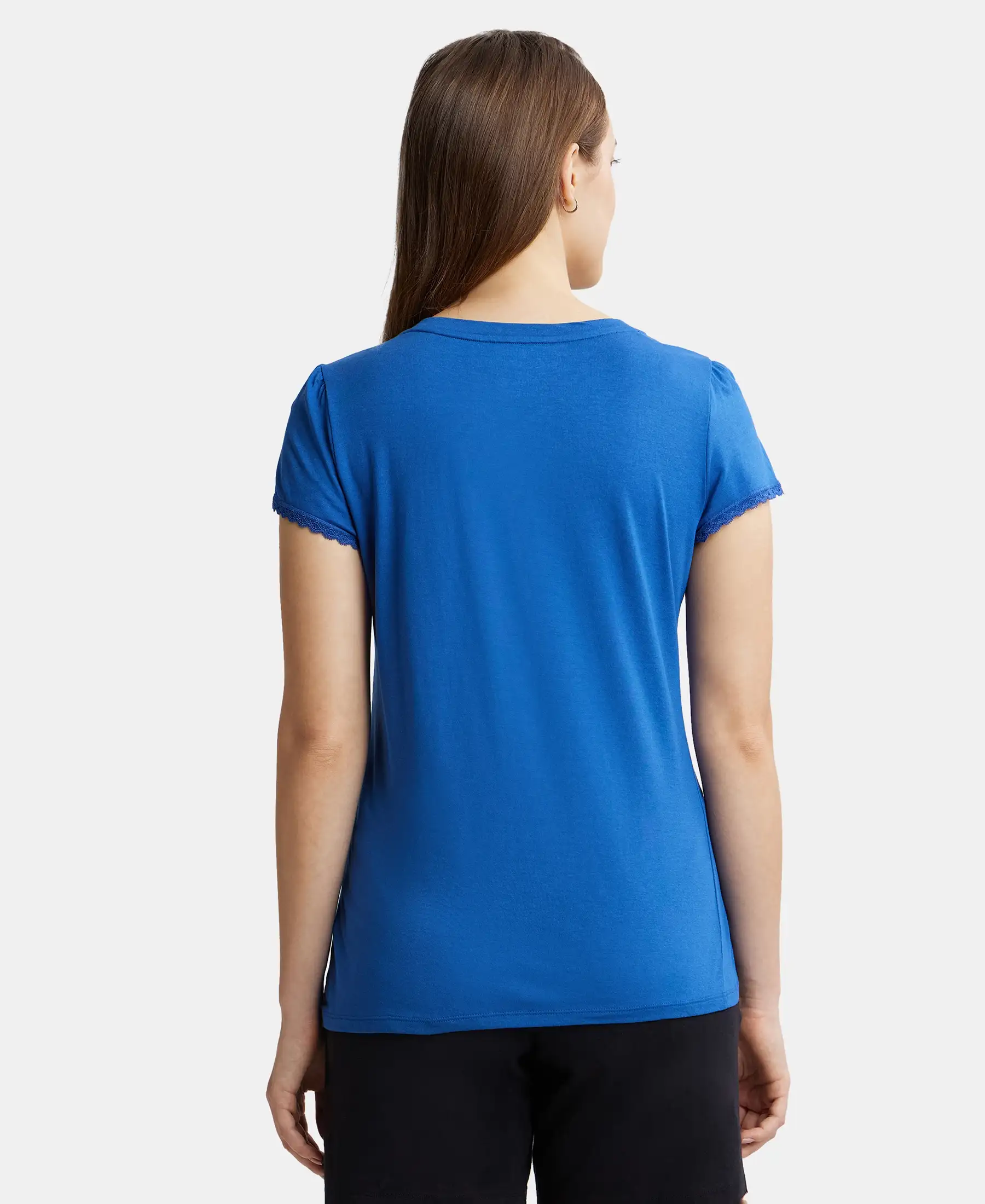 Micro Modal Cotton Relaxed Fit Solid V Neck Half Sleeve T-Shirt - Blue Quartz - Image 3