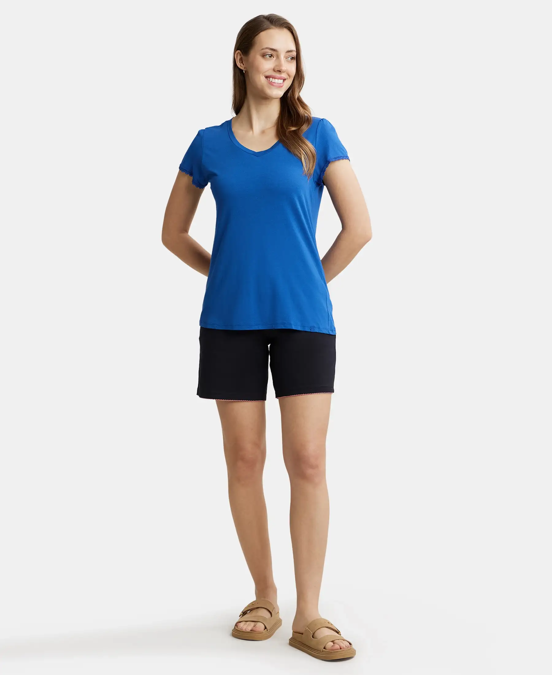 Micro Modal Cotton Relaxed Fit Solid V Neck Half Sleeve T-Shirt - Blue Quartz - Image 4