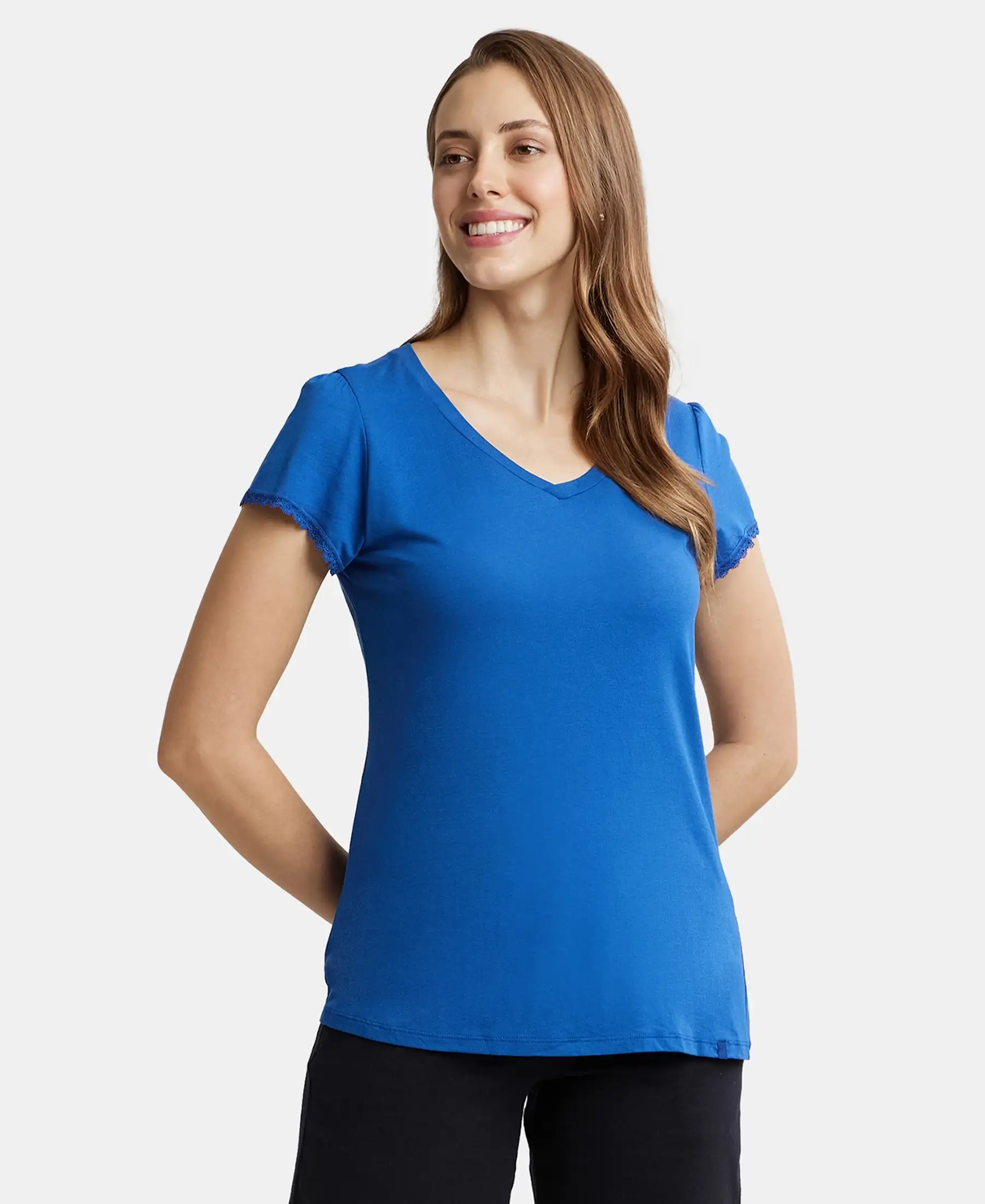 Micro Modal Cotton Relaxed Fit Solid V Neck Half Sleeve T-Shirt - Blue Quartz - Image 5