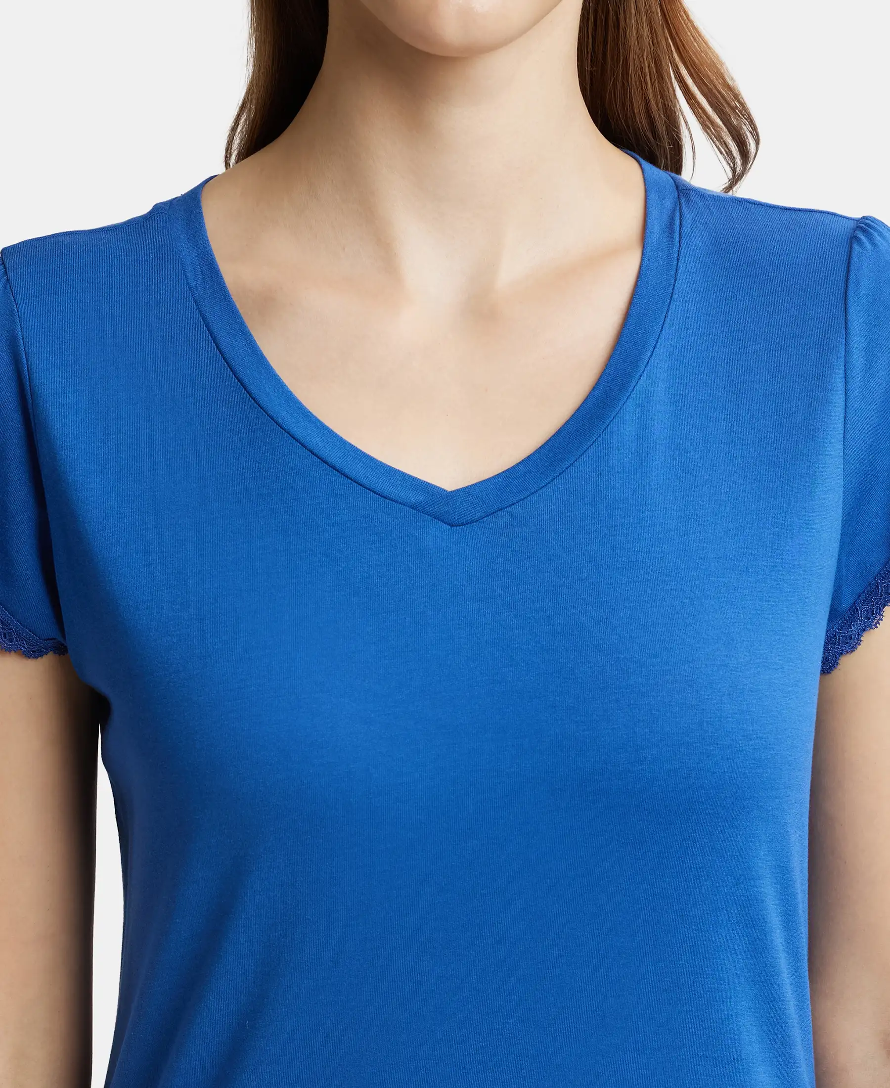 Micro Modal Cotton Relaxed Fit Solid V Neck Half Sleeve T-Shirt - Blue Quartz - Image 6