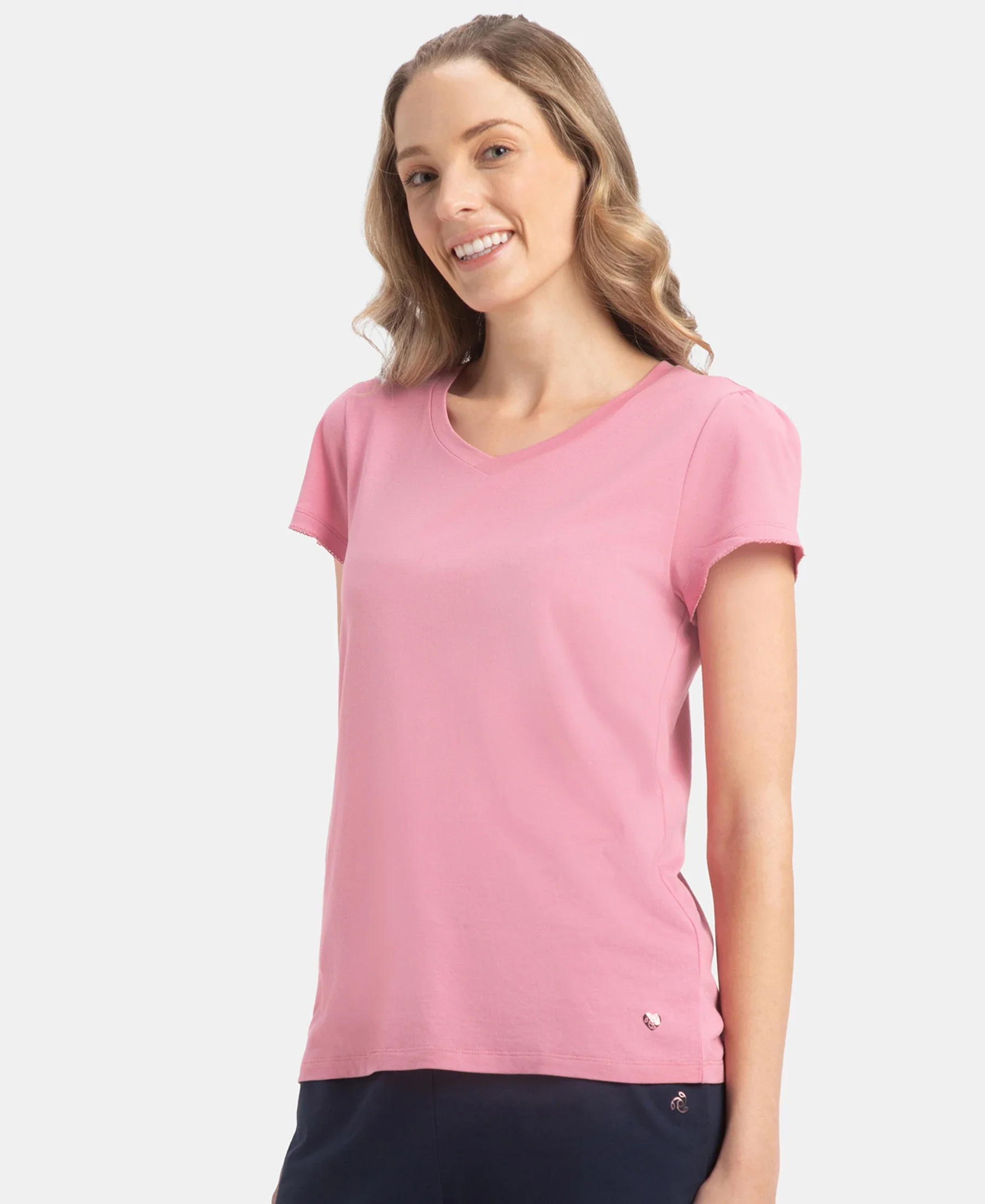 Micro Modal Cotton Relaxed Fit Solid V Neck Half Sleeve T-Shirt - Cashmere Rose - Image 2
