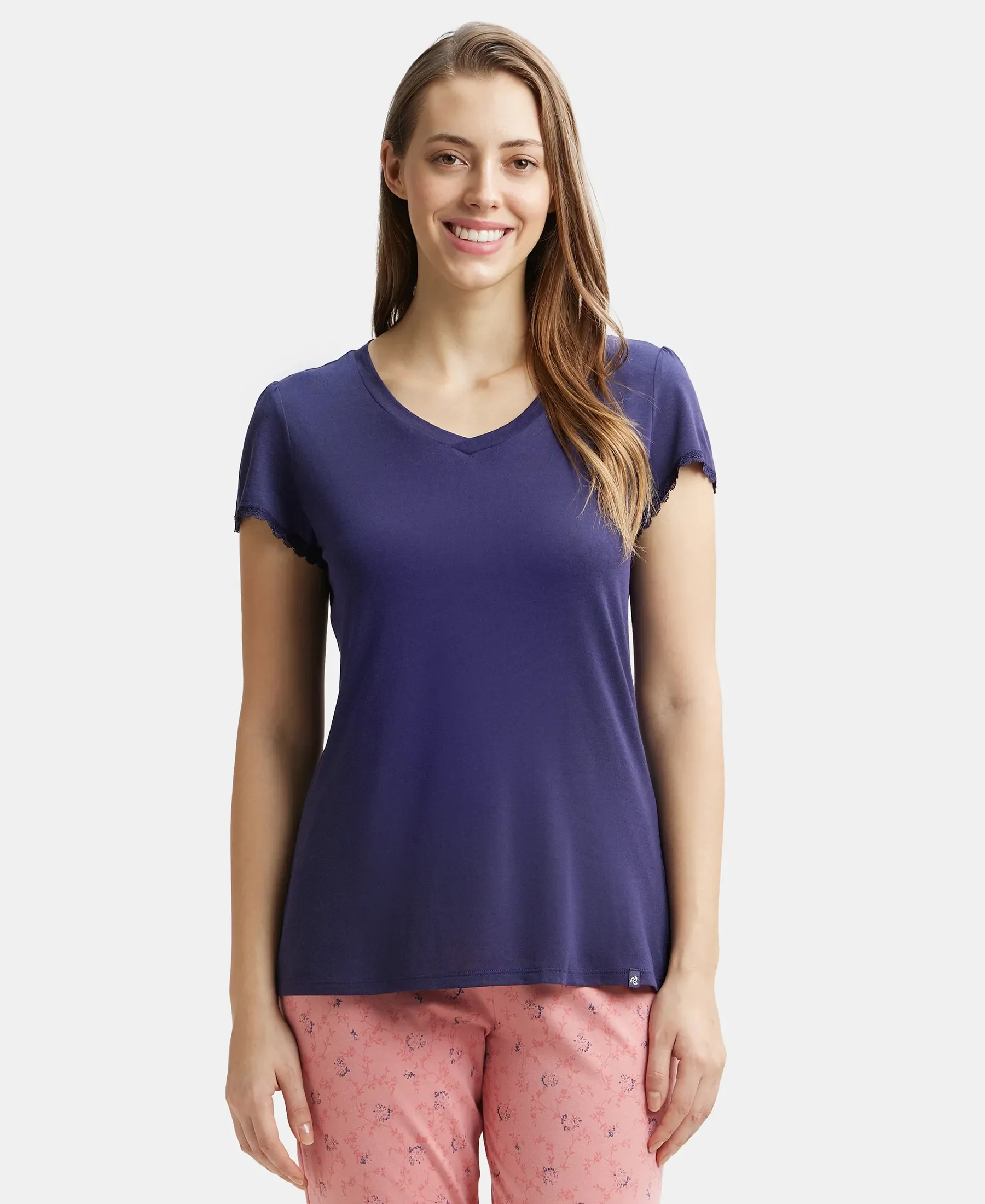 Micro Modal Cotton Relaxed Fit Solid V Neck Half Sleeve T-Shirt - Classic Navy