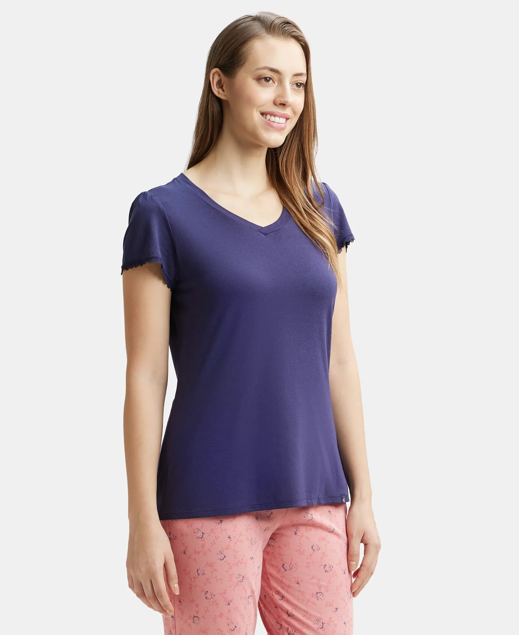Micro Modal Cotton Relaxed Fit Solid V Neck Half Sleeve T-Shirt - Classic Navy - Image 2