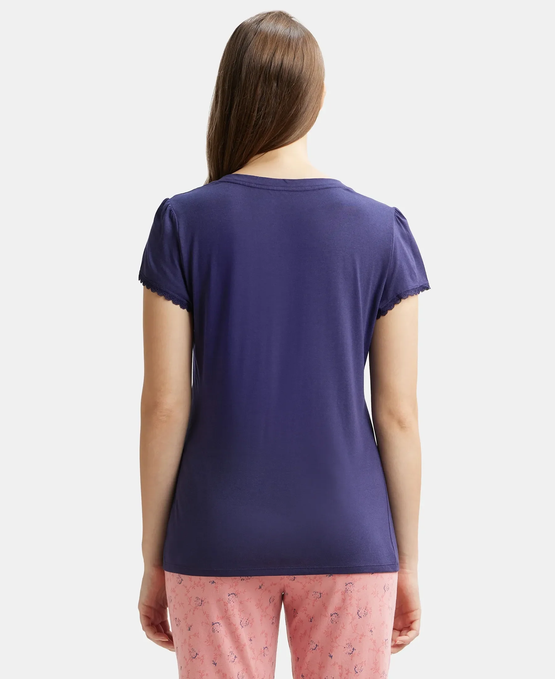 Micro Modal Cotton Relaxed Fit Solid V Neck Half Sleeve T-Shirt - Classic Navy - Image 3