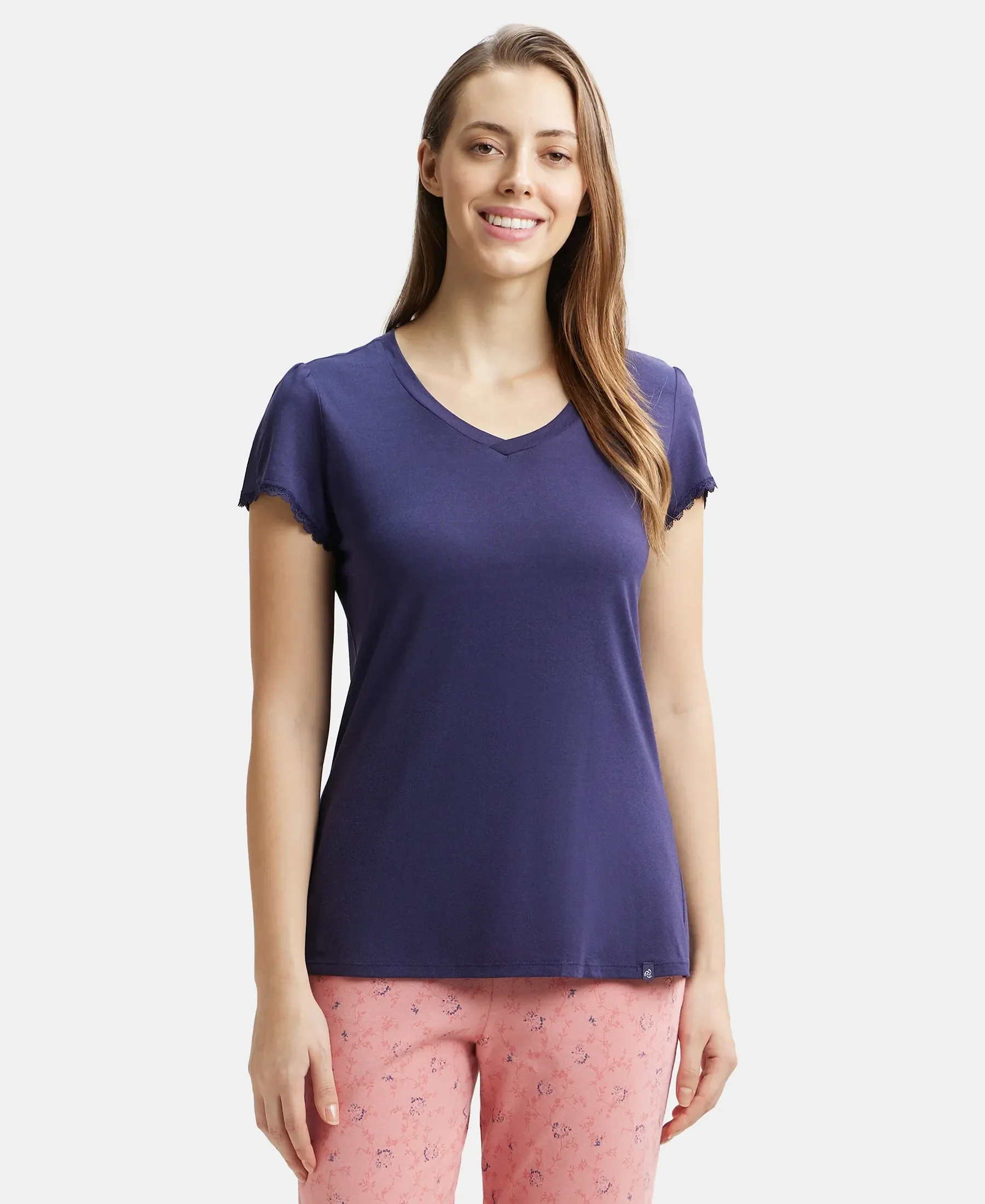 Micro Modal Cotton Relaxed Fit Solid V Neck Half Sleeve T-Shirt - Classic Navy - Image 5
