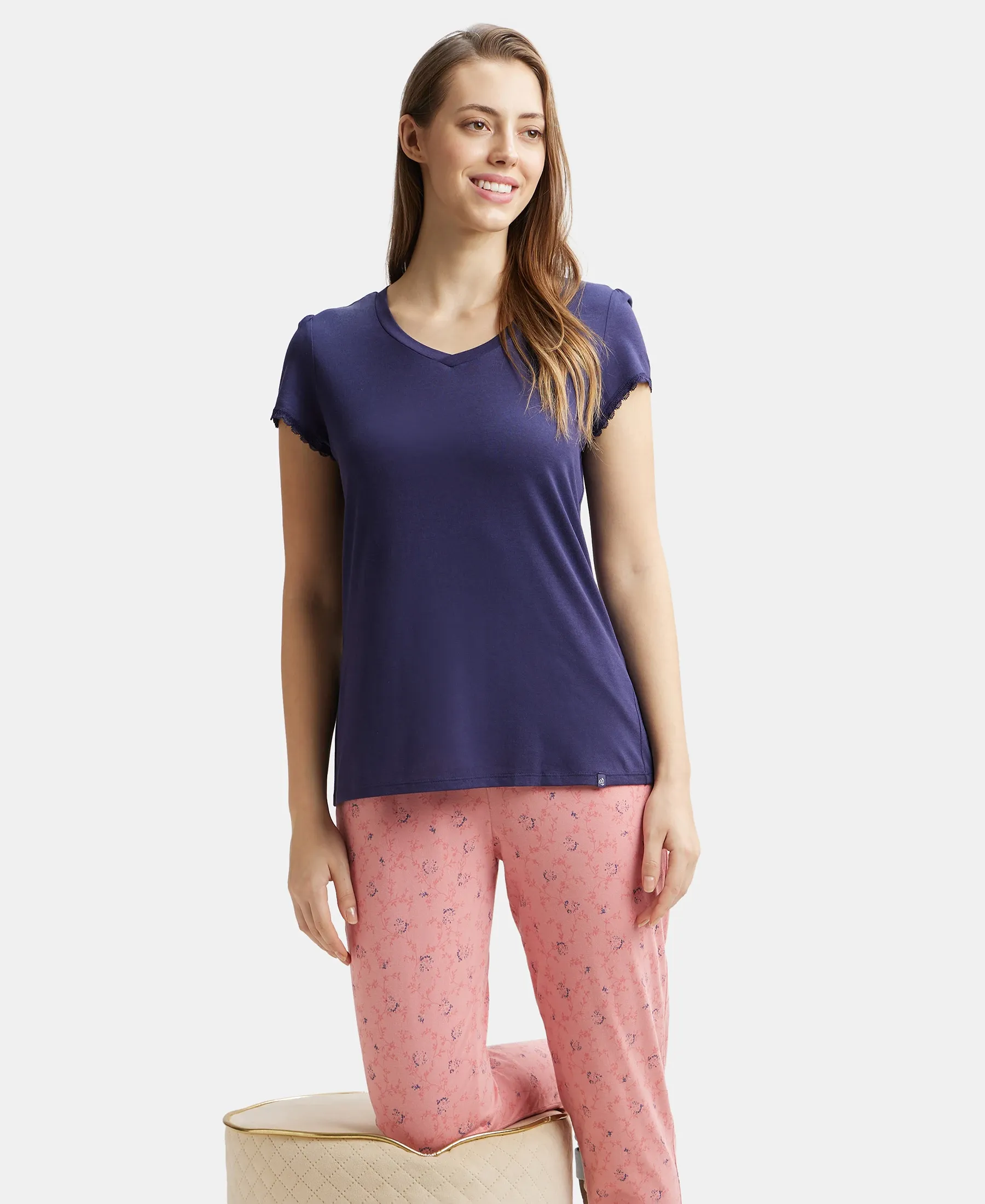 Micro Modal Cotton Relaxed Fit Solid V Neck Half Sleeve T-Shirt - Classic Navy - Image 6