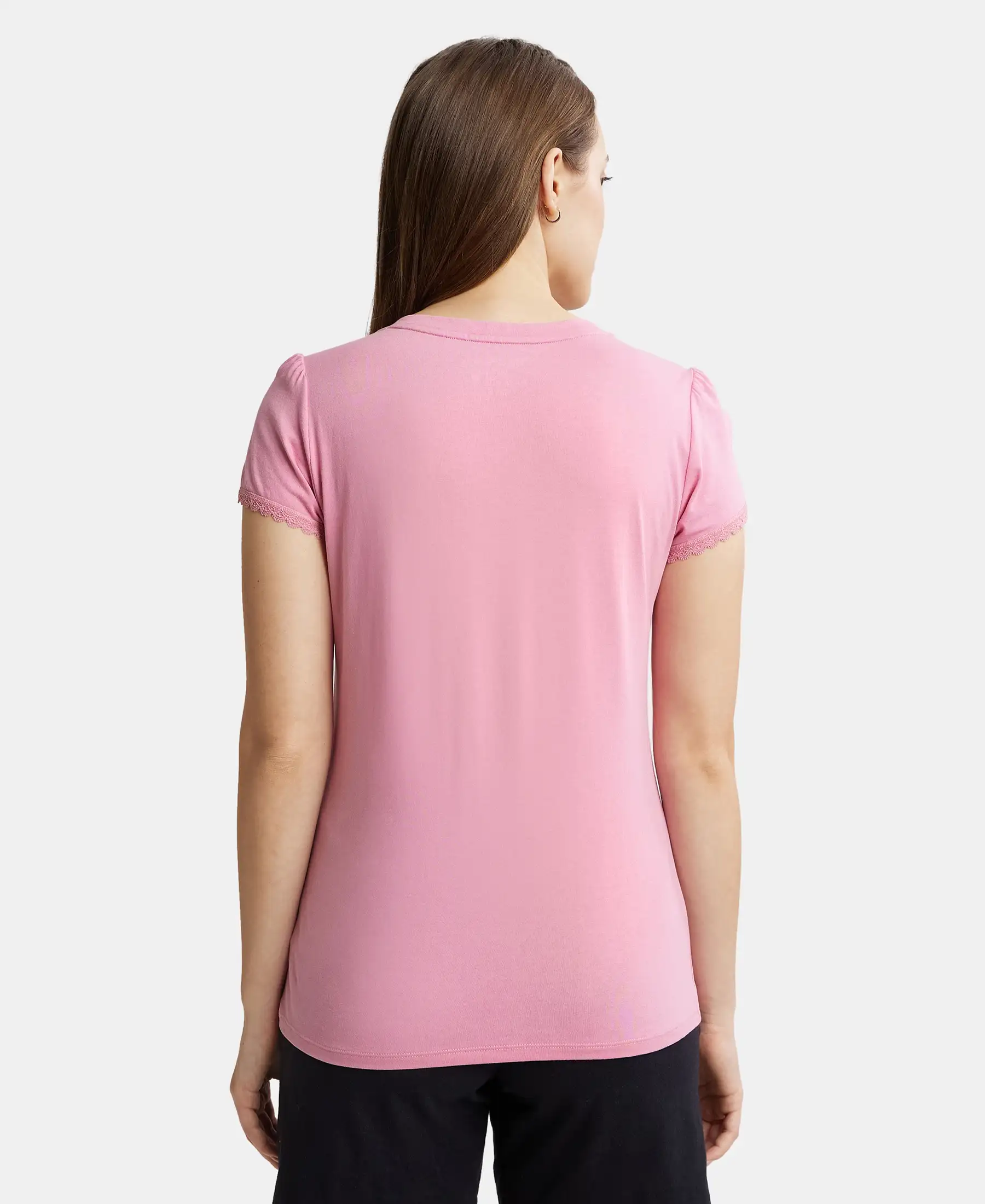 Micro Modal Cotton Relaxed Fit Solid V Neck Half Sleeve T-Shirt - Peach Blossom - Image 2