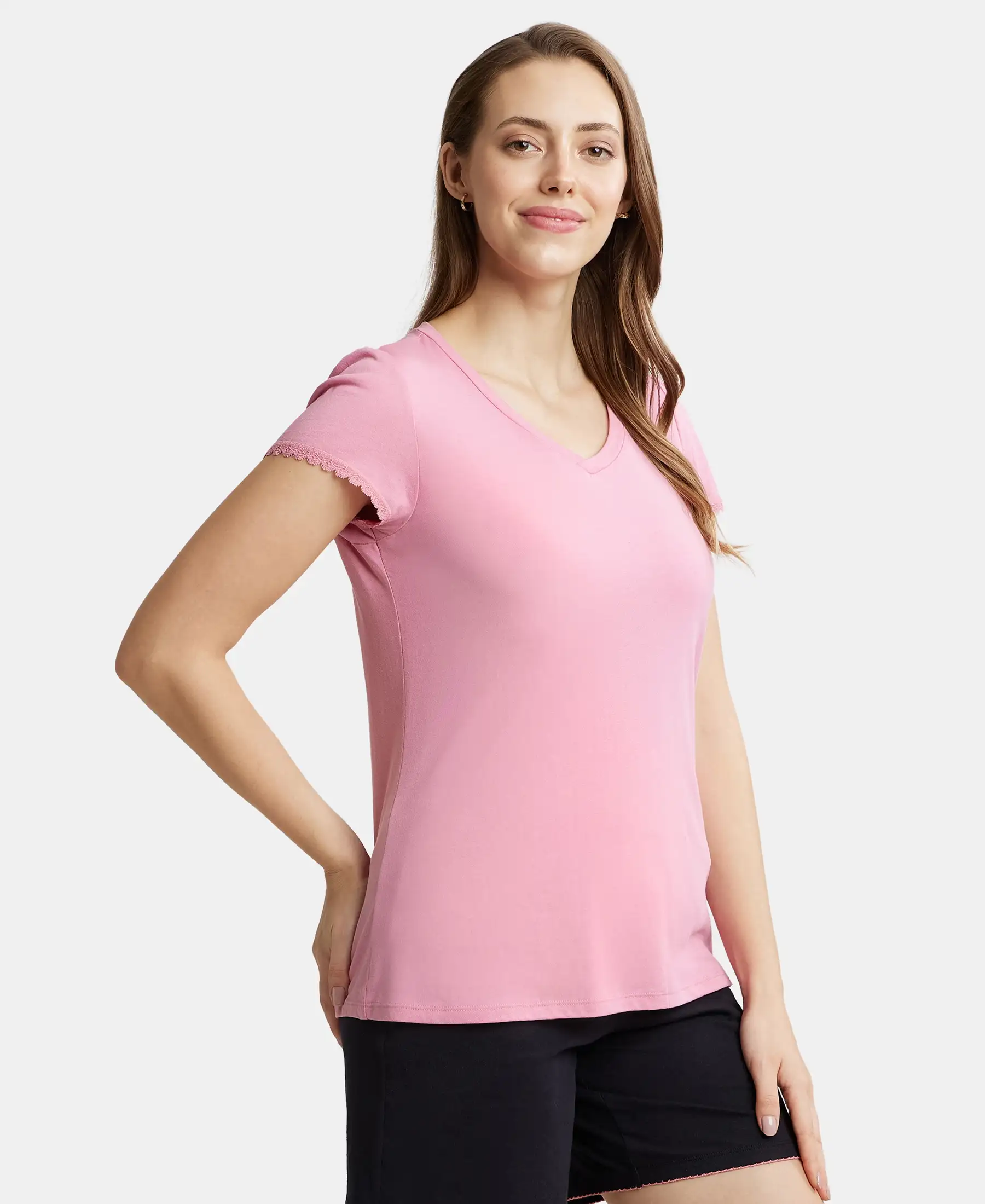 Micro Modal Cotton Relaxed Fit Solid V Neck Half Sleeve T-Shirt - Peach Blossom - Image 5