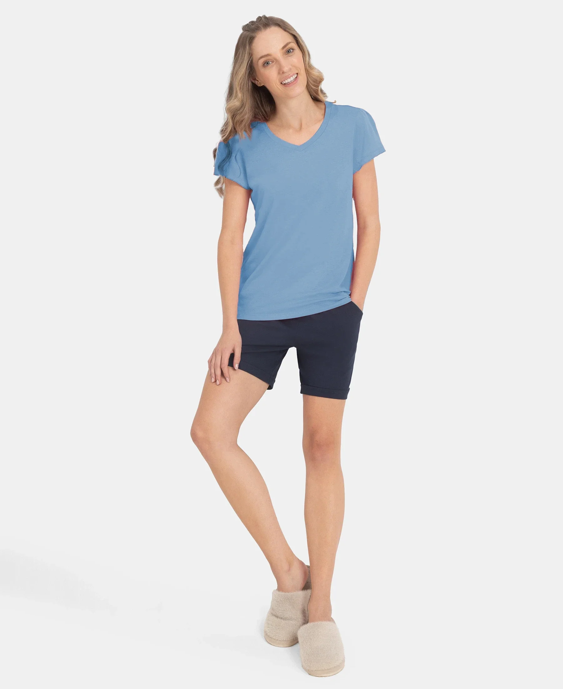 Micro Modal Cotton Relaxed Fit Solid V Neck Half Sleeve T-Shirt - Soft Chambray - Image 6