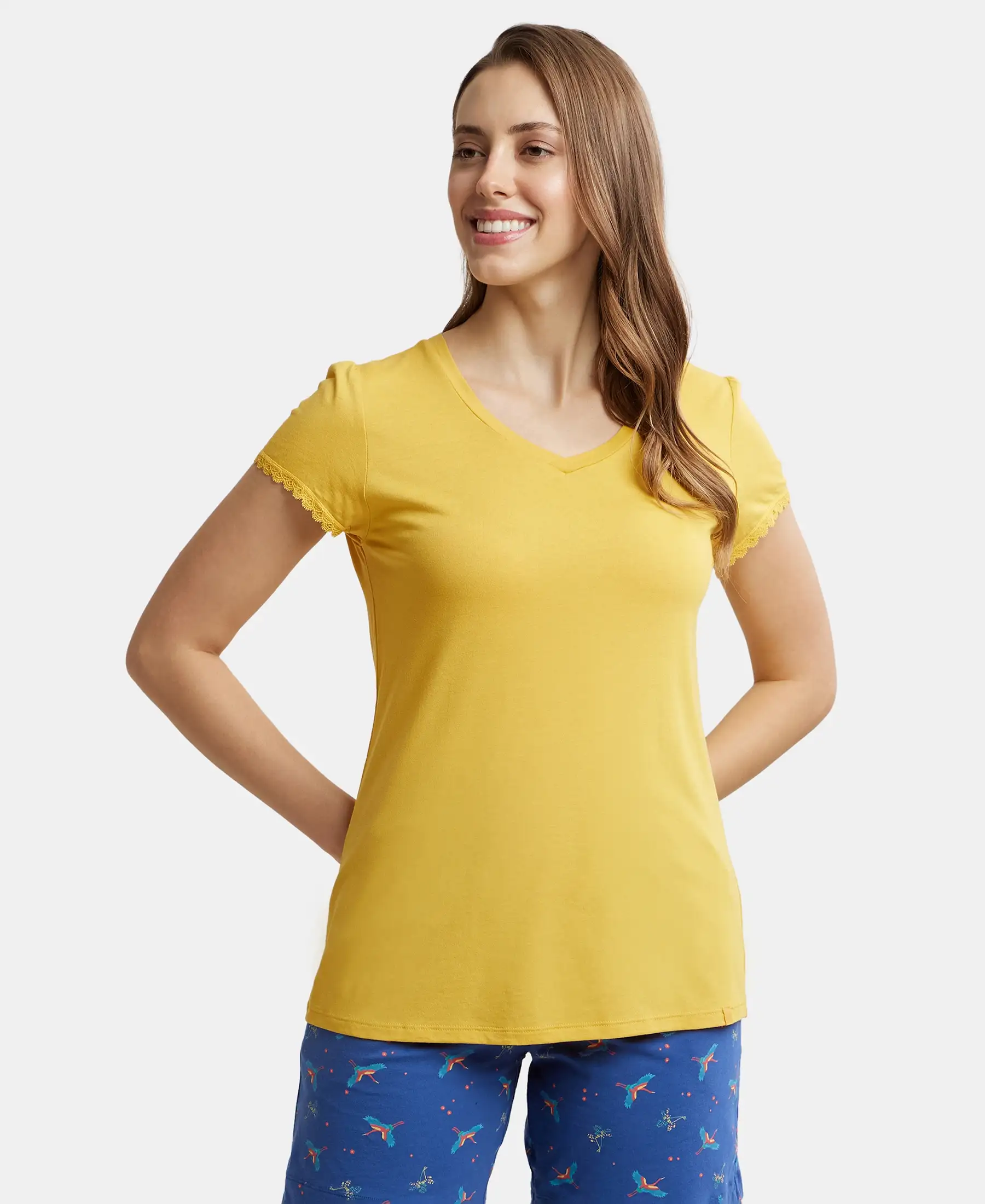 Micro Modal Cotton Relaxed Fit Solid V Neck Half Sleeve T-Shirt - Yolk Yellow