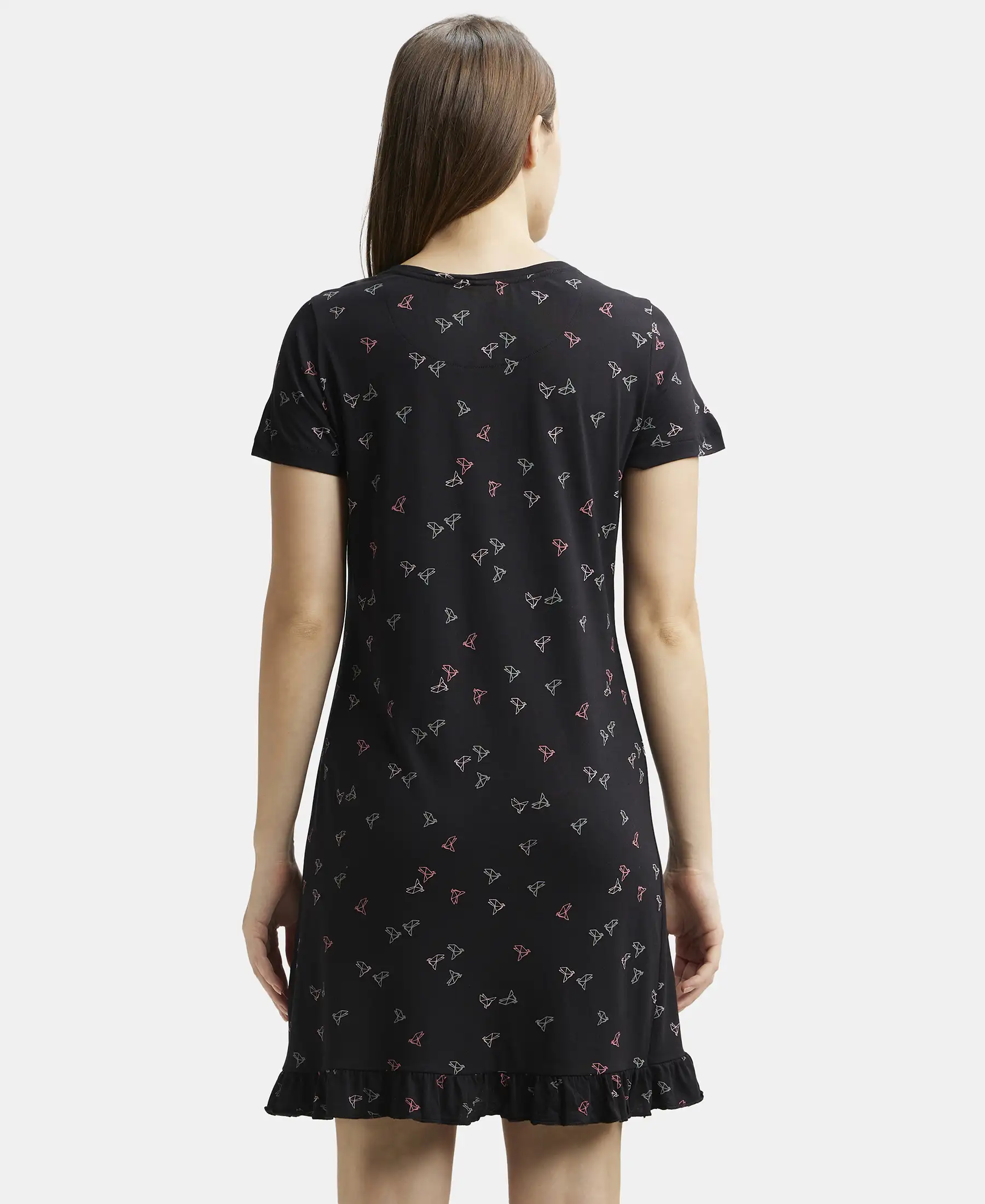 Micro Modal Cotton Ruffled Hem Styled Half Sleeve Printed Sleep Dress - Black - Image 3