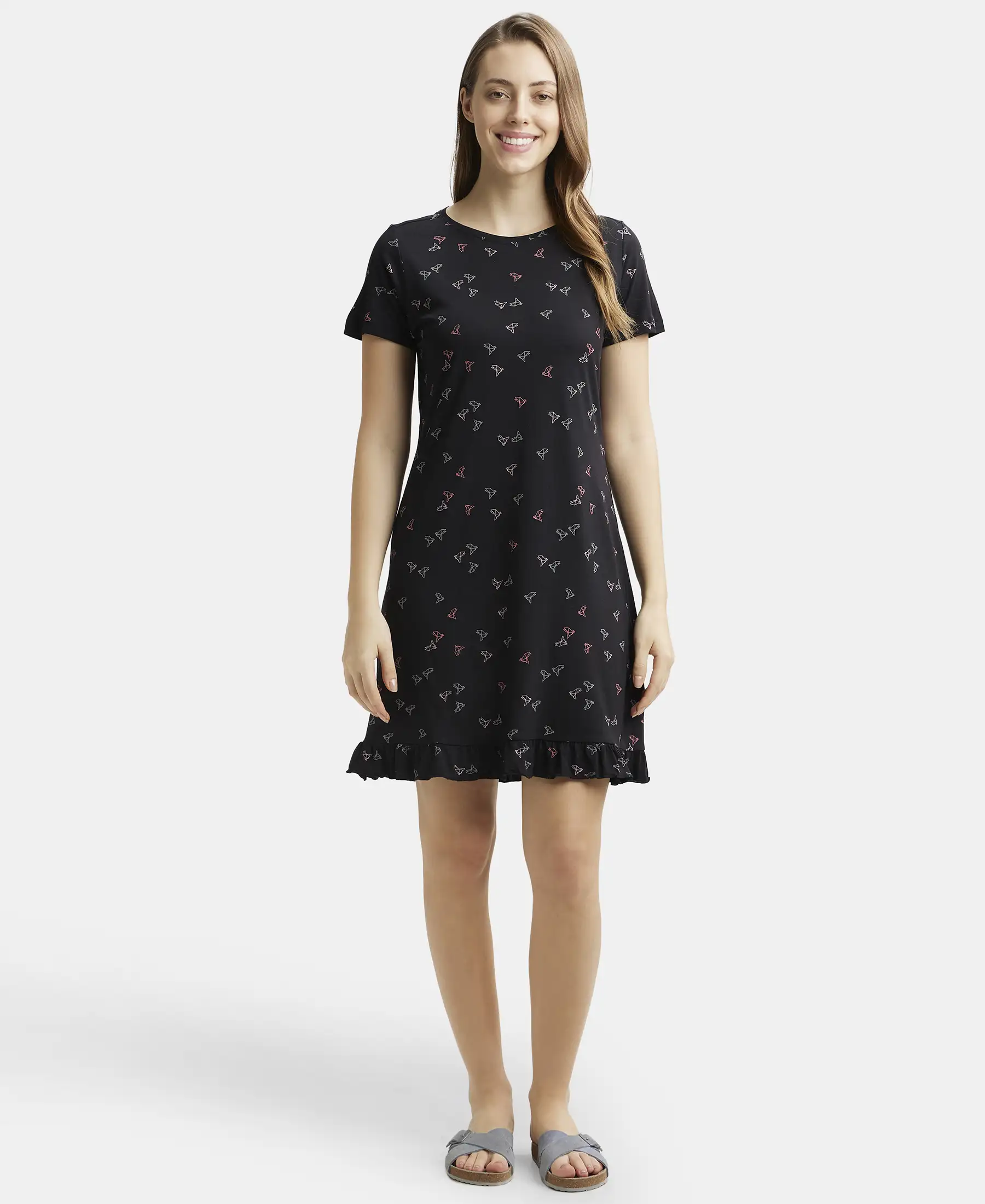Micro Modal Cotton Ruffled Hem Styled Half Sleeve Printed Sleep Dress - Black - Image 4