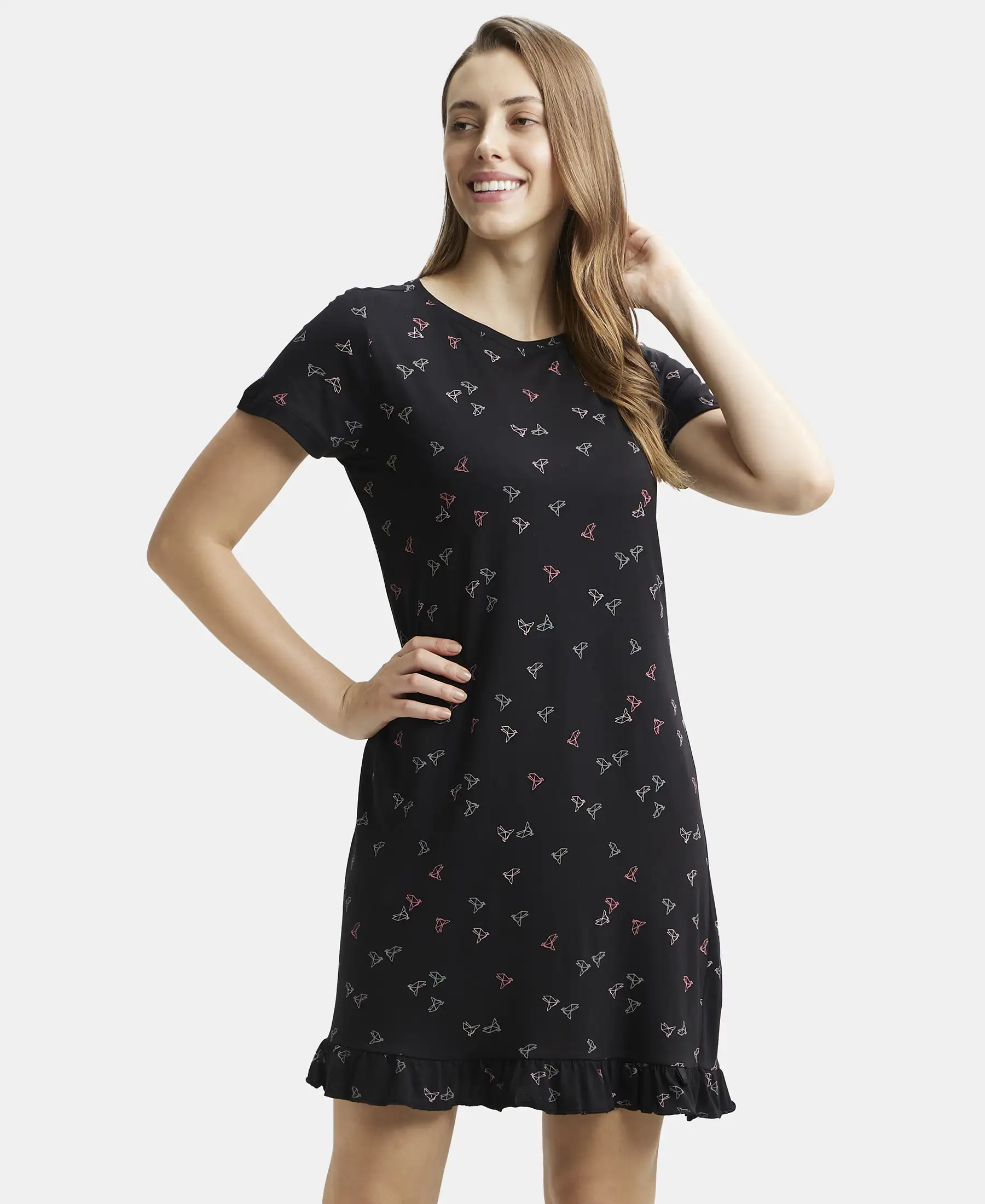 Micro Modal Cotton Ruffled Hem Styled Half Sleeve Printed Sleep Dress - Black - Image 5