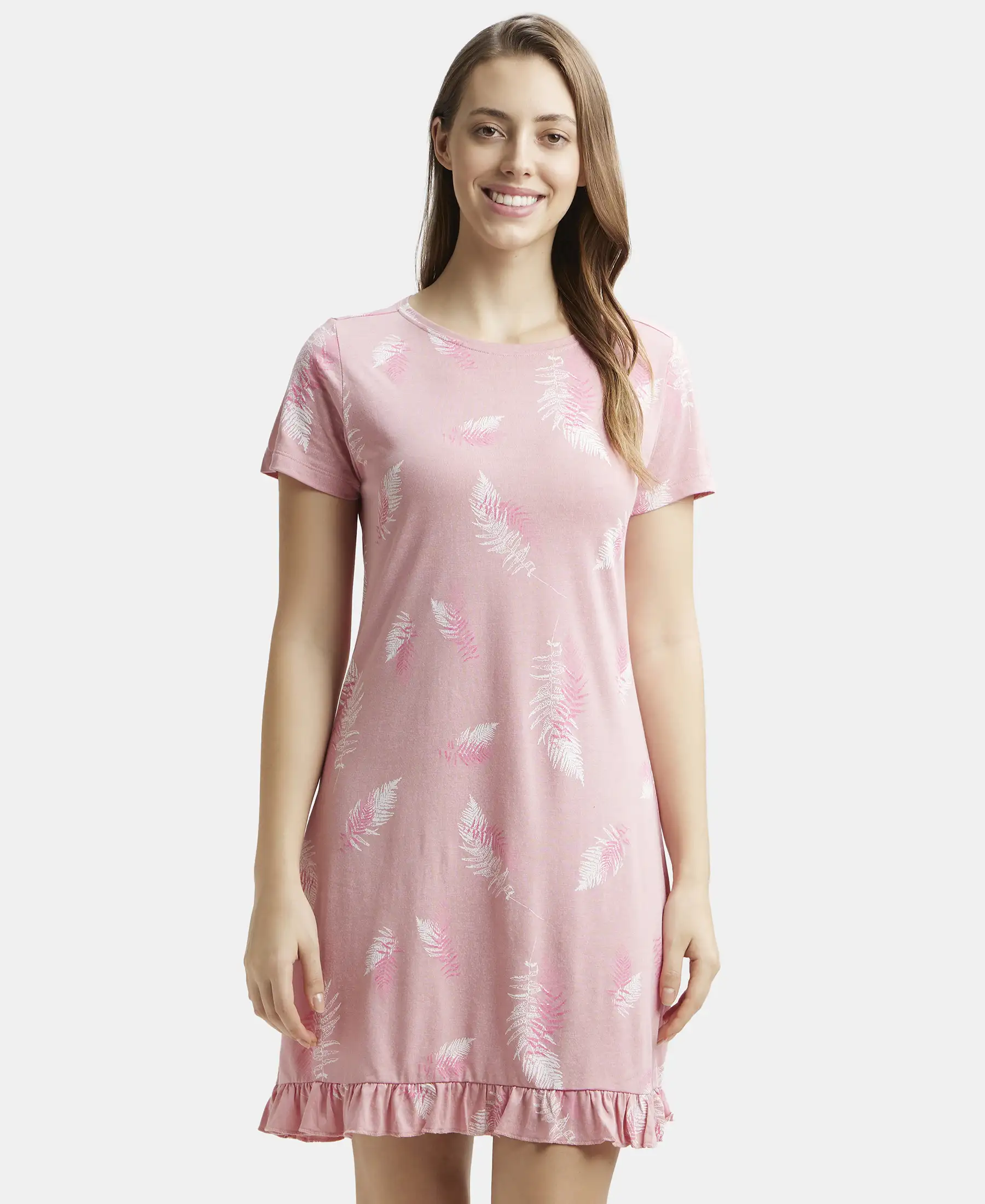 Micro Modal Cotton Ruffled Hem Styled Half Sleeve Printed Sleep Dress - Blush Assorted Prints