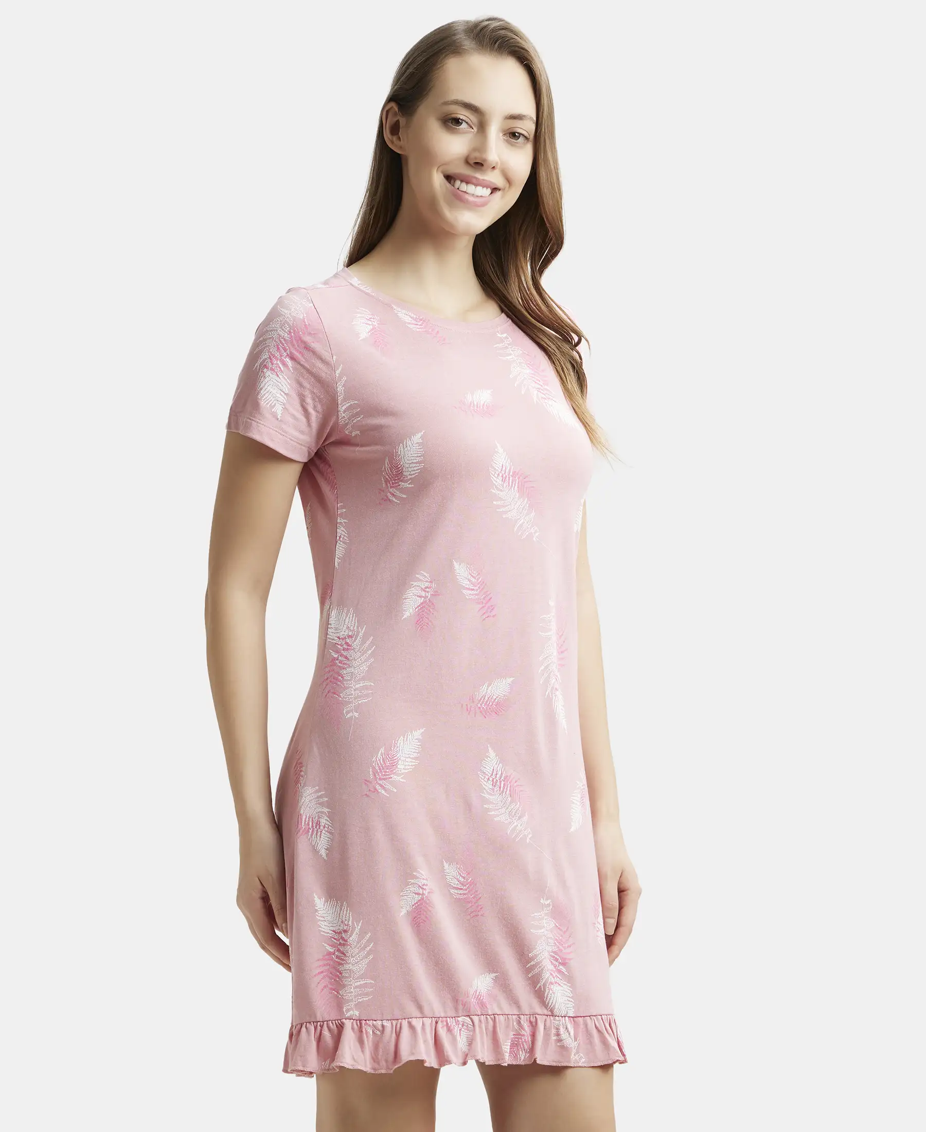 Micro Modal Cotton Ruffled Hem Styled Half Sleeve Printed Sleep Dress - Blush Assorted Prints - Image 2