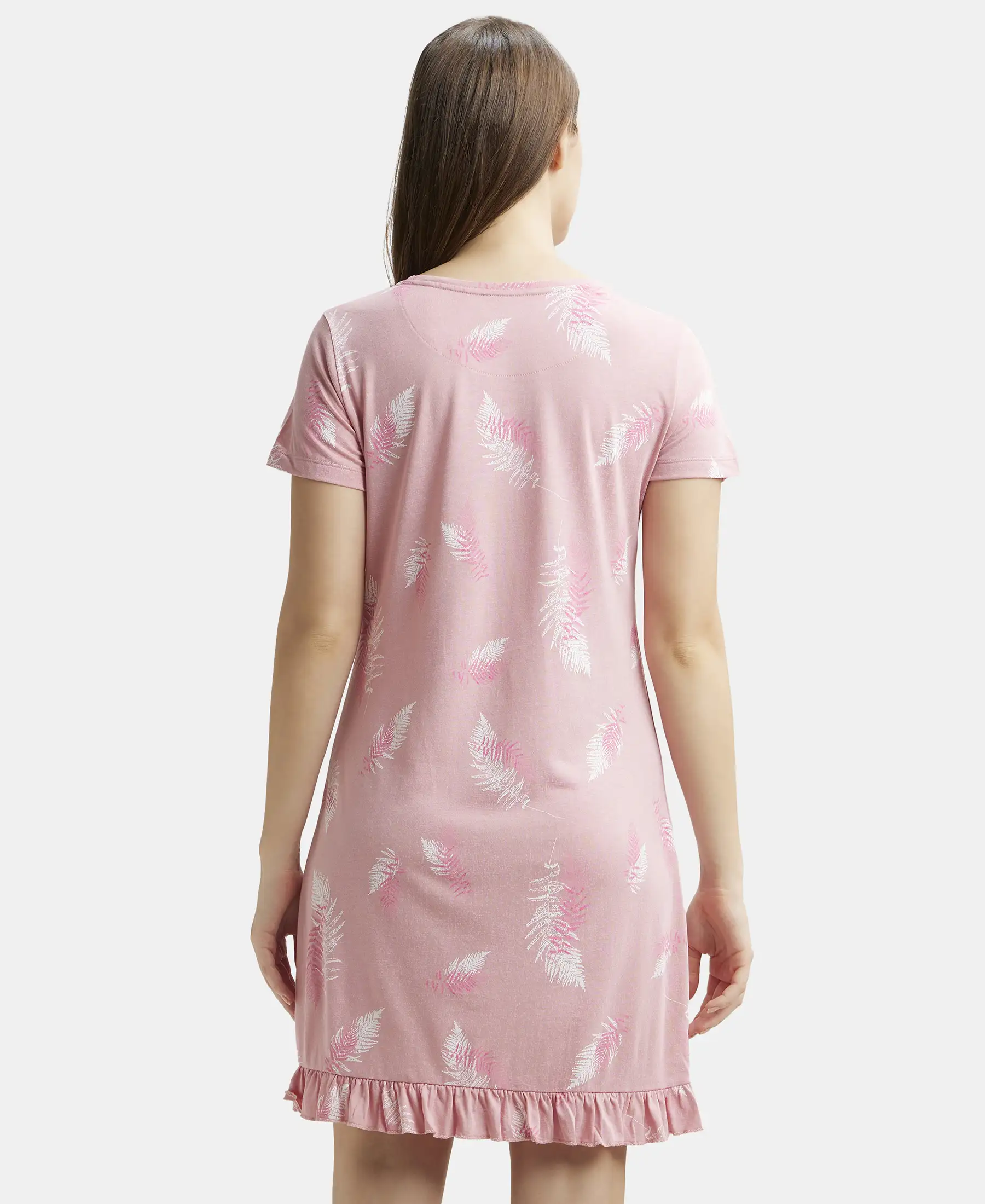 Micro Modal Cotton Ruffled Hem Styled Half Sleeve Printed Sleep Dress - Blush Assorted Prints - Image 3
