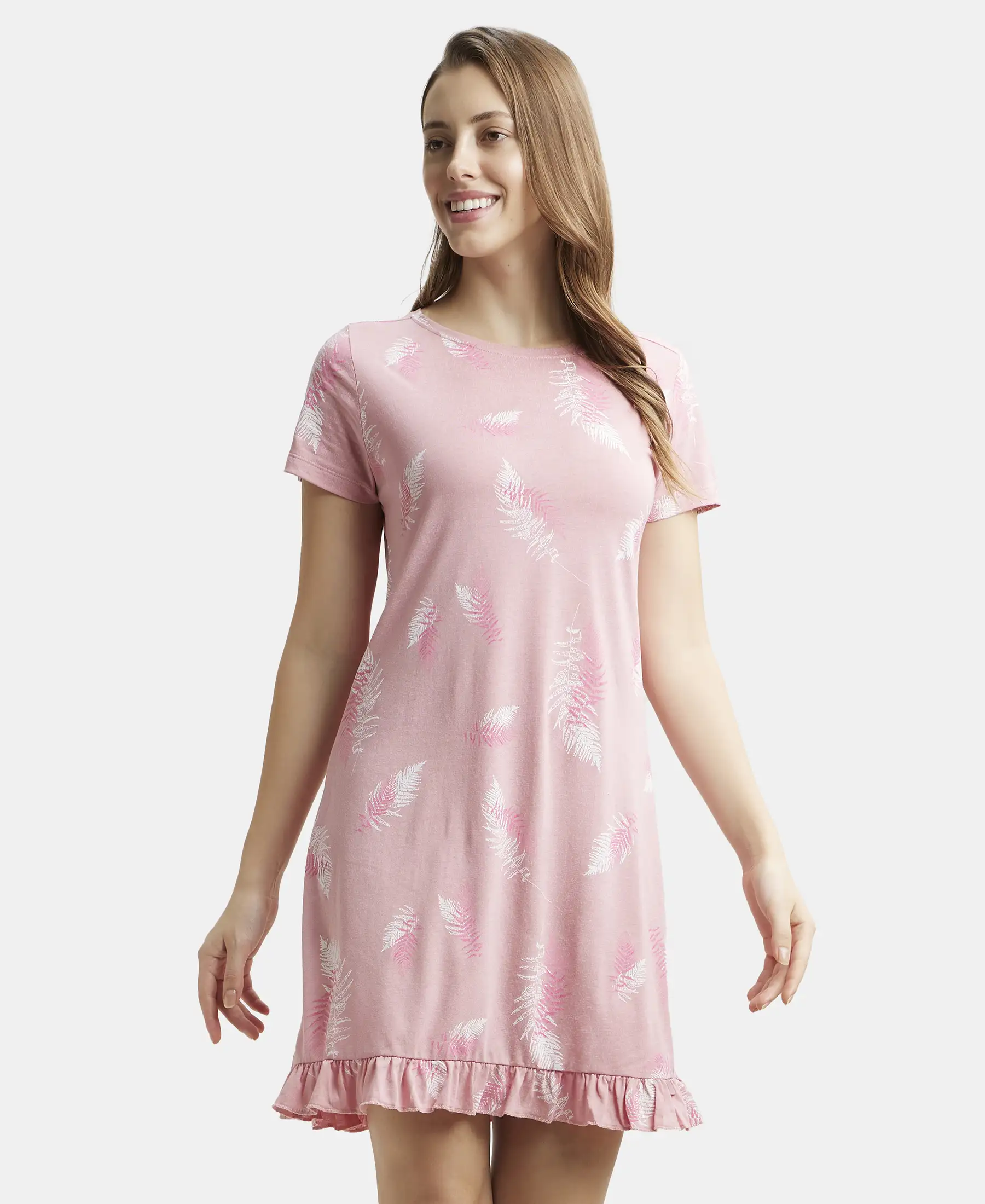 Micro Modal Cotton Ruffled Hem Styled Half Sleeve Printed Sleep Dress - Blush Assorted Prints - Image 5
