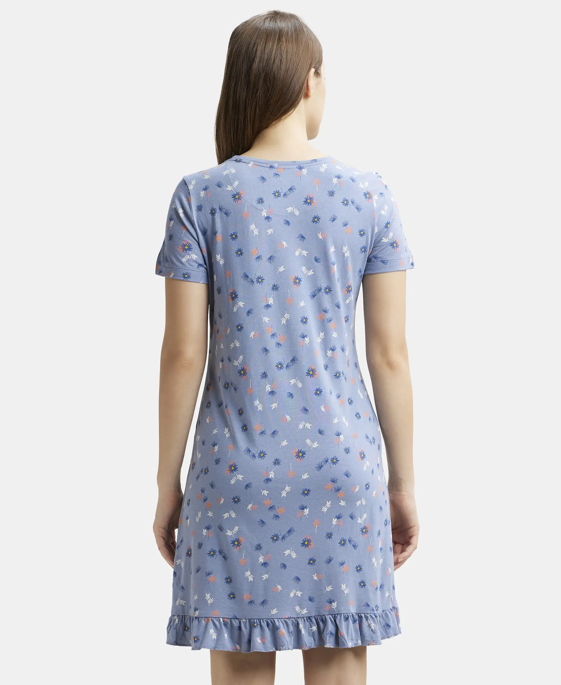 Micro Modal Cotton Ruffled Hem Styled Half Sleeve Printed Sleep Dress - Infinity Blue Assorted Prints - Image 3