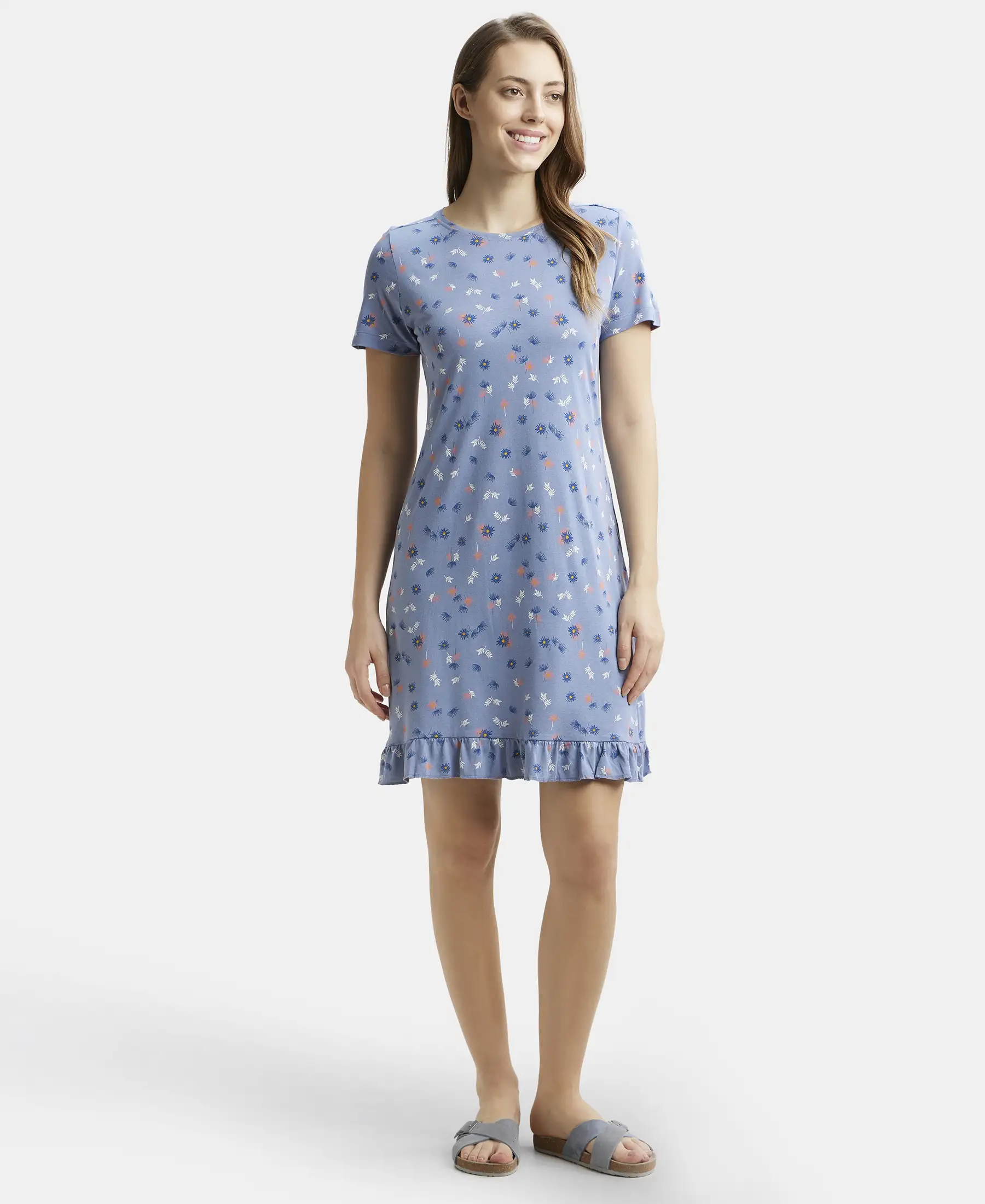 Micro Modal Cotton Ruffled Hem Styled Half Sleeve Printed Sleep Dress - Infinity Blue Assorted Prints - Image 4