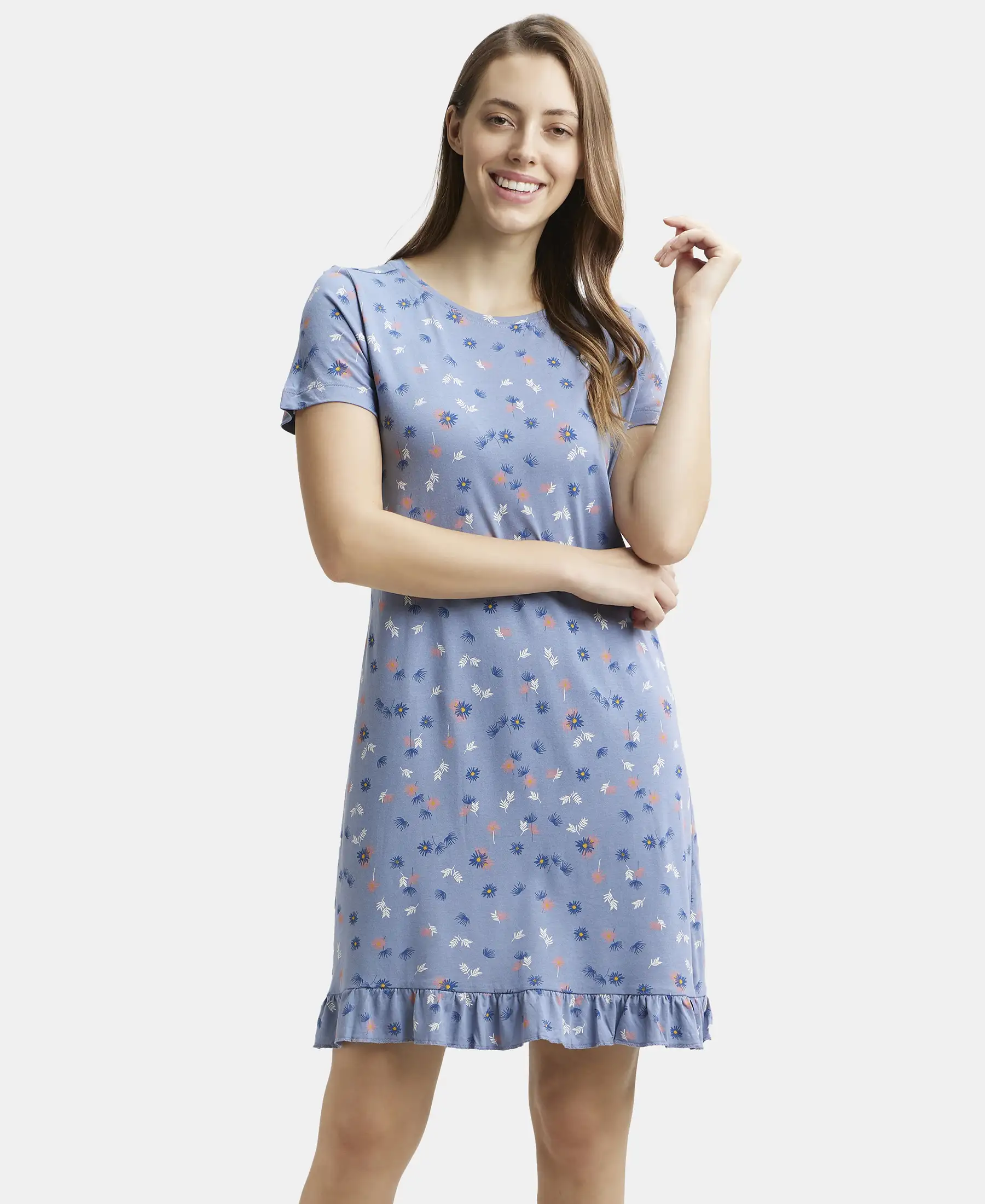 Micro Modal Cotton Ruffled Hem Styled Half Sleeve Printed Sleep Dress - Infinity Blue Assorted Prints - Image 6