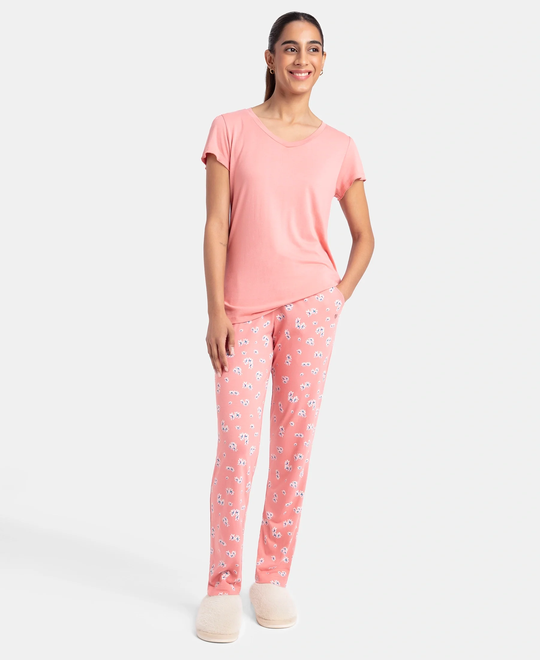 Micro Modal Cotton Short Sleeve T-Shirt & Pyjama Sleep Set - Peach Blossom - Image 4
